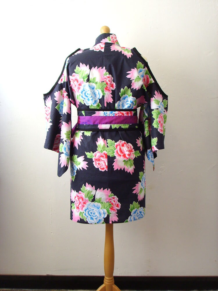 Vintage Reworked Kimono Jacket: Peony Print, Cold Shoulder, Obi Belt