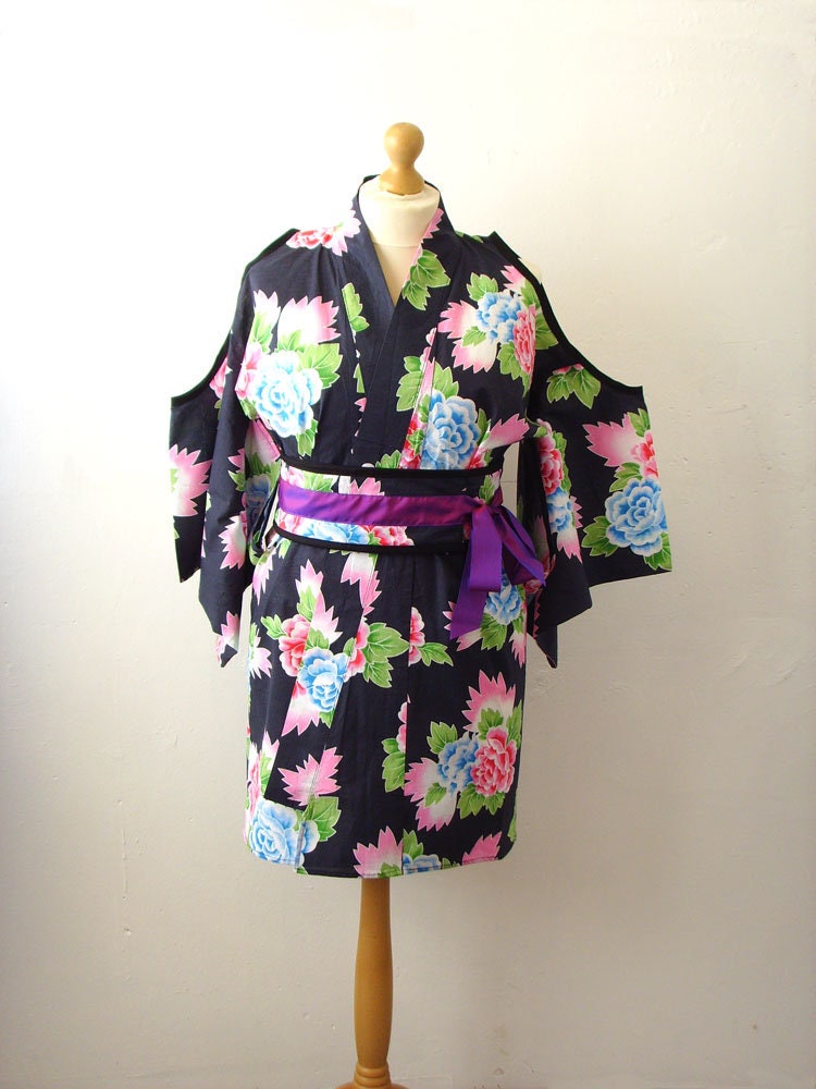 Vintage Reworked Kimono Jacket: Peony Print, Cold Shoulder, Obi Belt