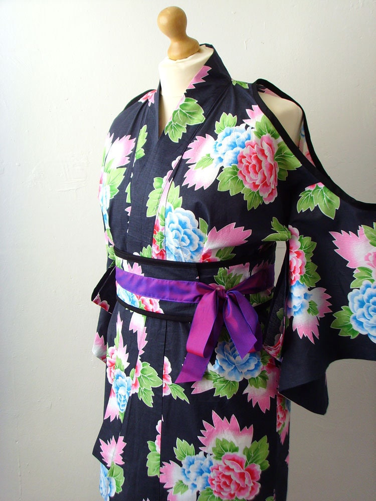 Vintage Reworked Kimono Jacket: Peony Print, Cold Shoulder, Obi Belt