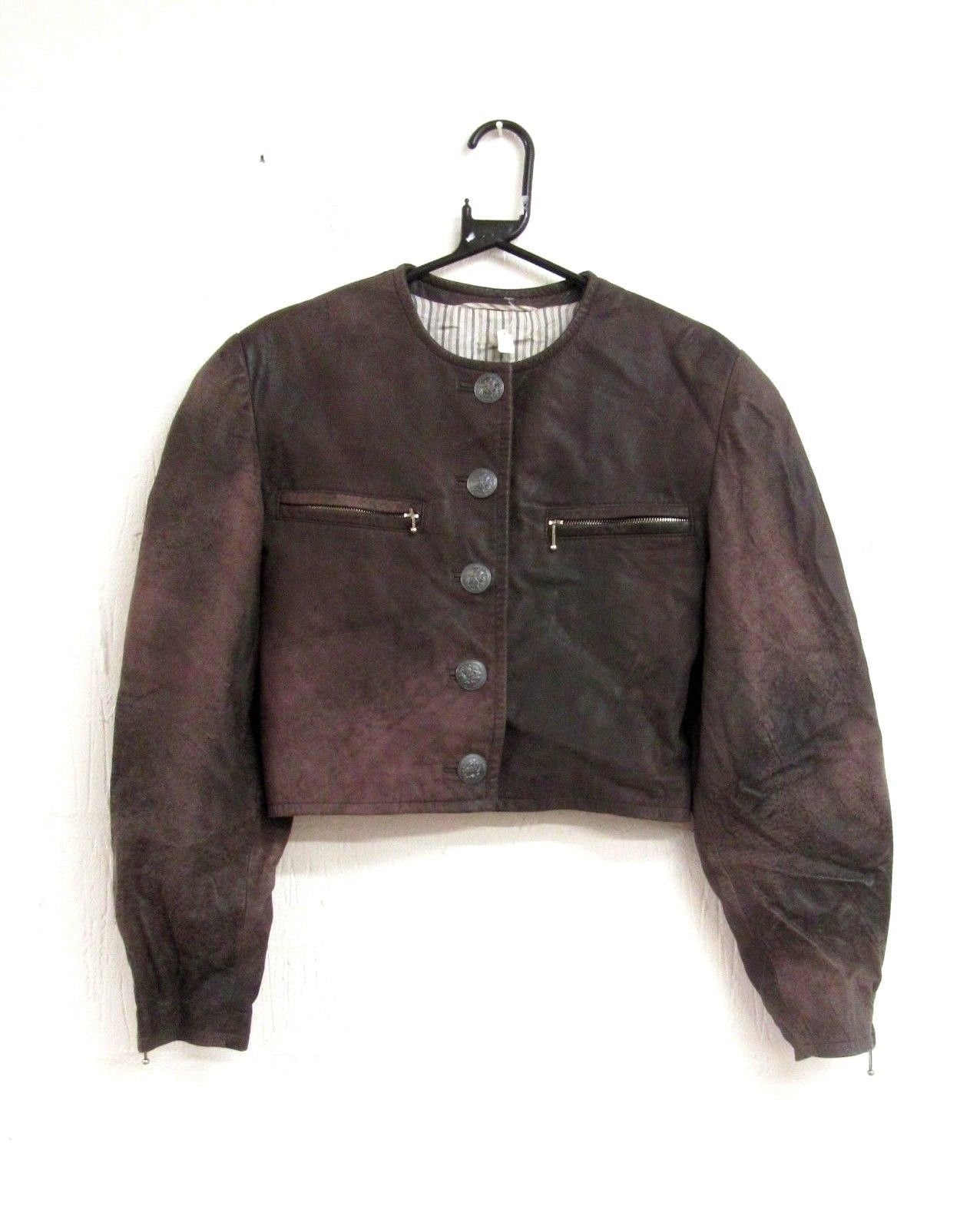 Cropped Leather Jacket with Distressed Finish, Vintage 80s Bolero, Size Small