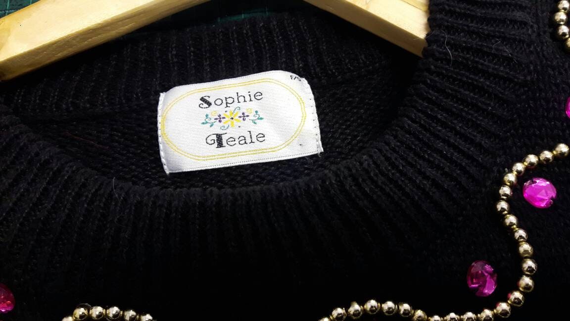 80s Embellished Gem Sweater by Sophie Teale, Kitsch Party Jumper, Size Medium Large