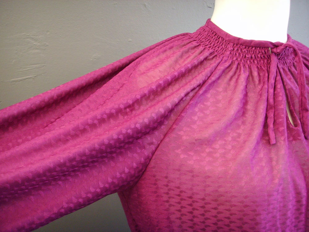 80s Magenta Sheer Blouse with Pussy Bow, Size Large