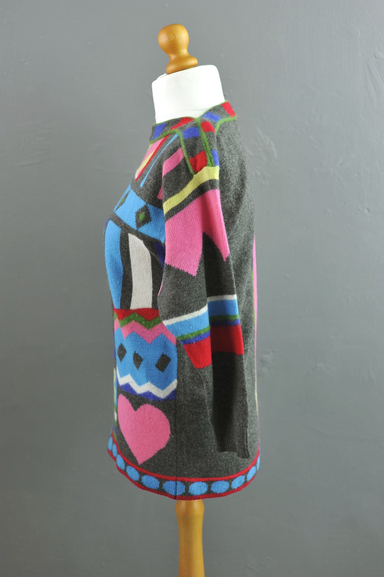 80s Geometric Novelty Sweater by Joye Fun, Colourful Abstract Shapes, Size Small