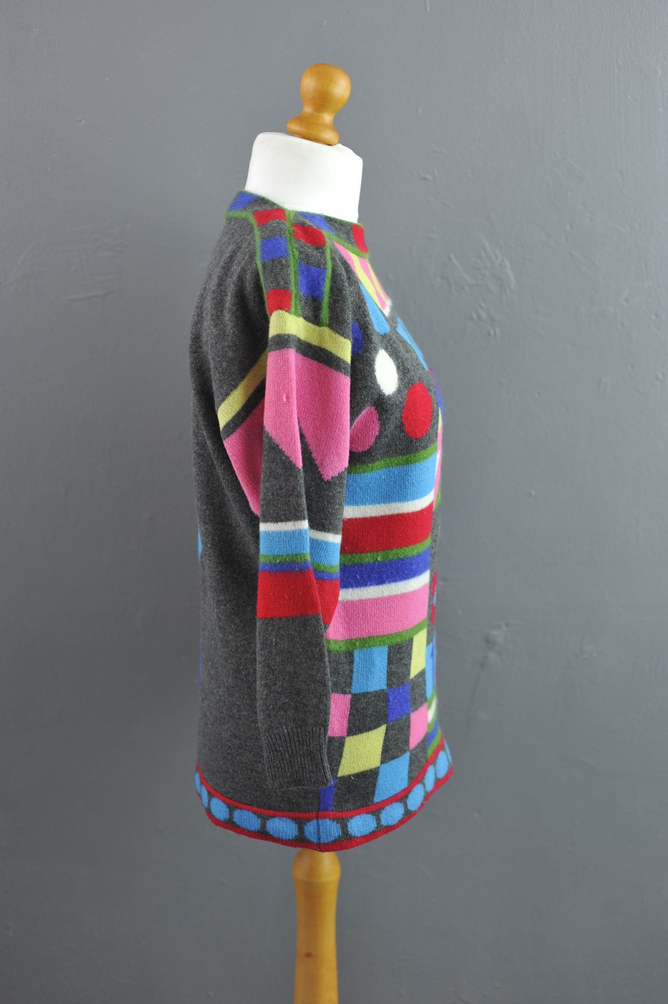 80s Geometric Novelty Sweater by Joye Fun, Colourful Abstract Shapes, Size Small