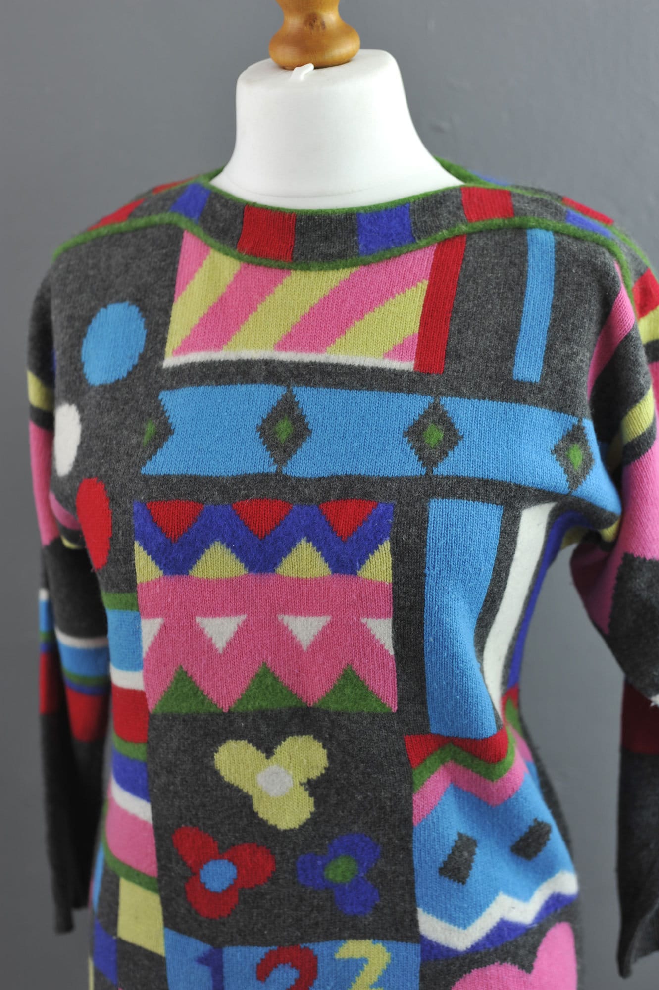 80s Geometric Novelty Sweater by Joye Fun, Colourful Abstract Shapes, Size Small