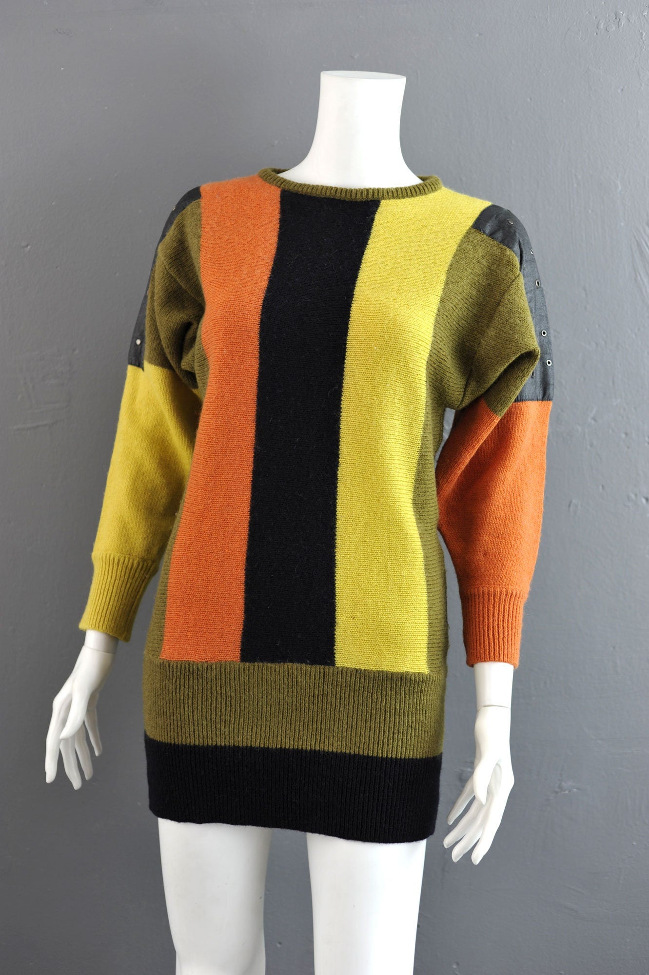 Bold Vertical Stripe Long Jumper, 90s Avant Garde Leatherette Sweater Dress, Size Small