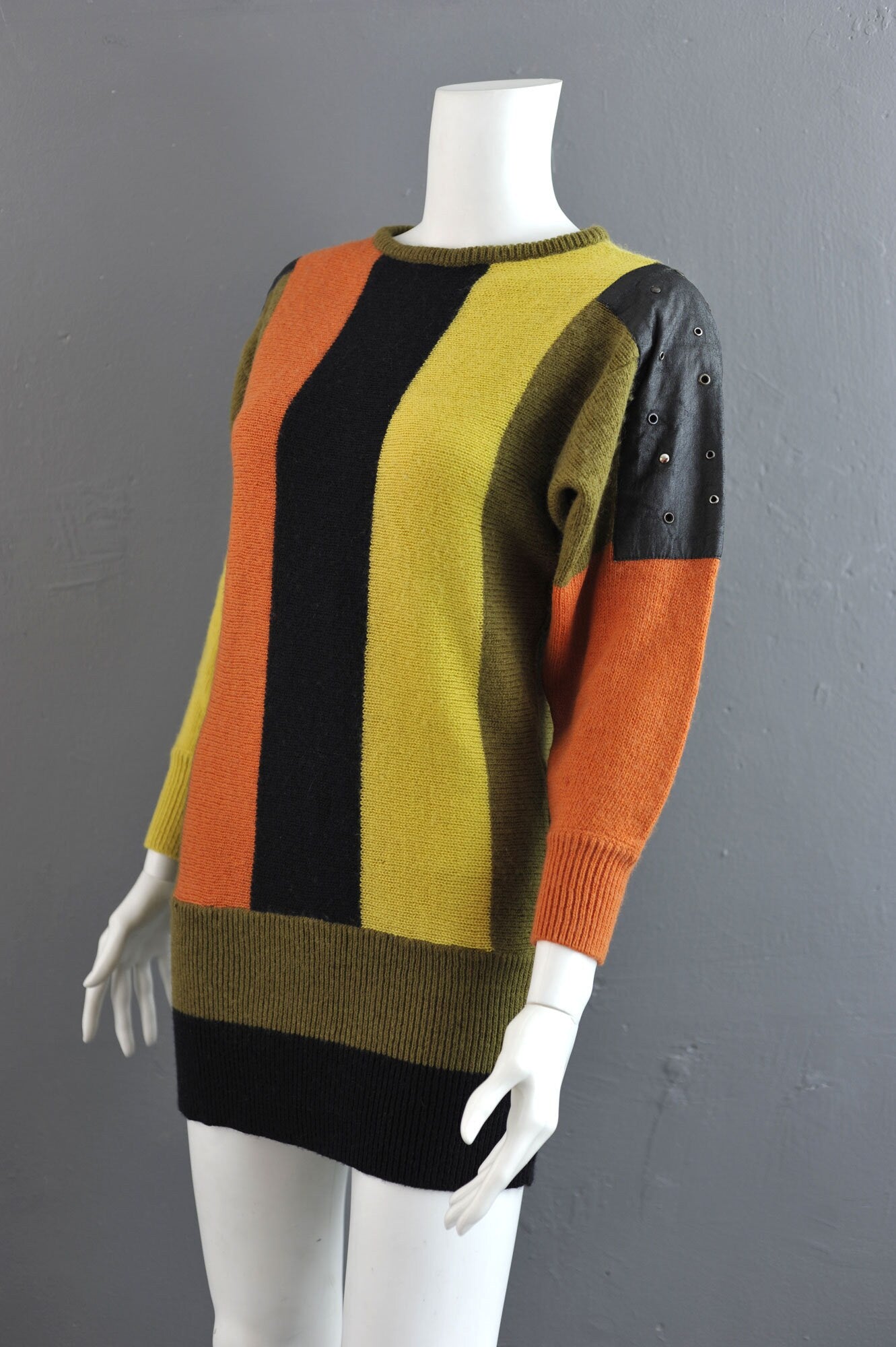 Bold Vertical Stripe Long Jumper, 90s Avant Garde Leatherette Sweater Dress, Size Small