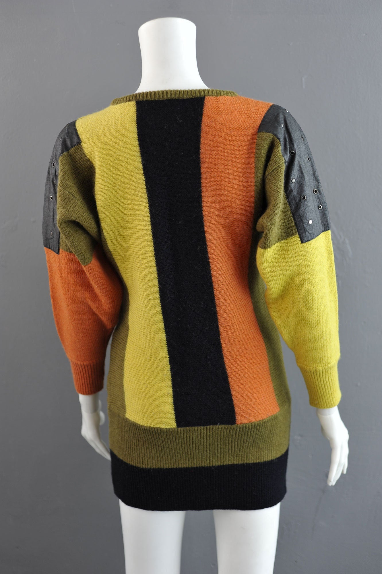 Bold Vertical Stripe Long Jumper, 90s Avant Garde Leatherette Sweater Dress, Size Small