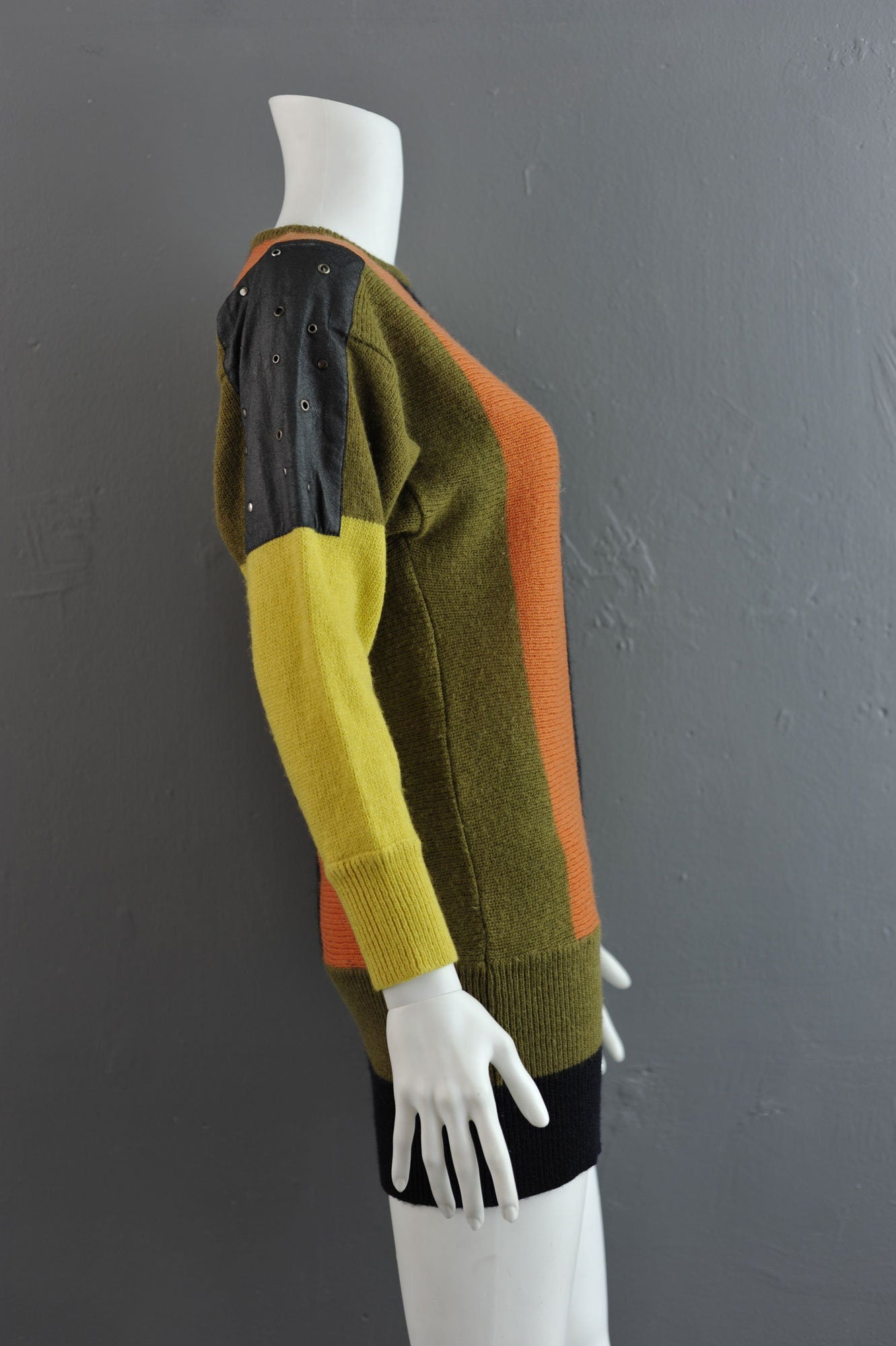 Bold Vertical Stripe Long Jumper, 90s Avant Garde Leatherette Sweater Dress, Size Small