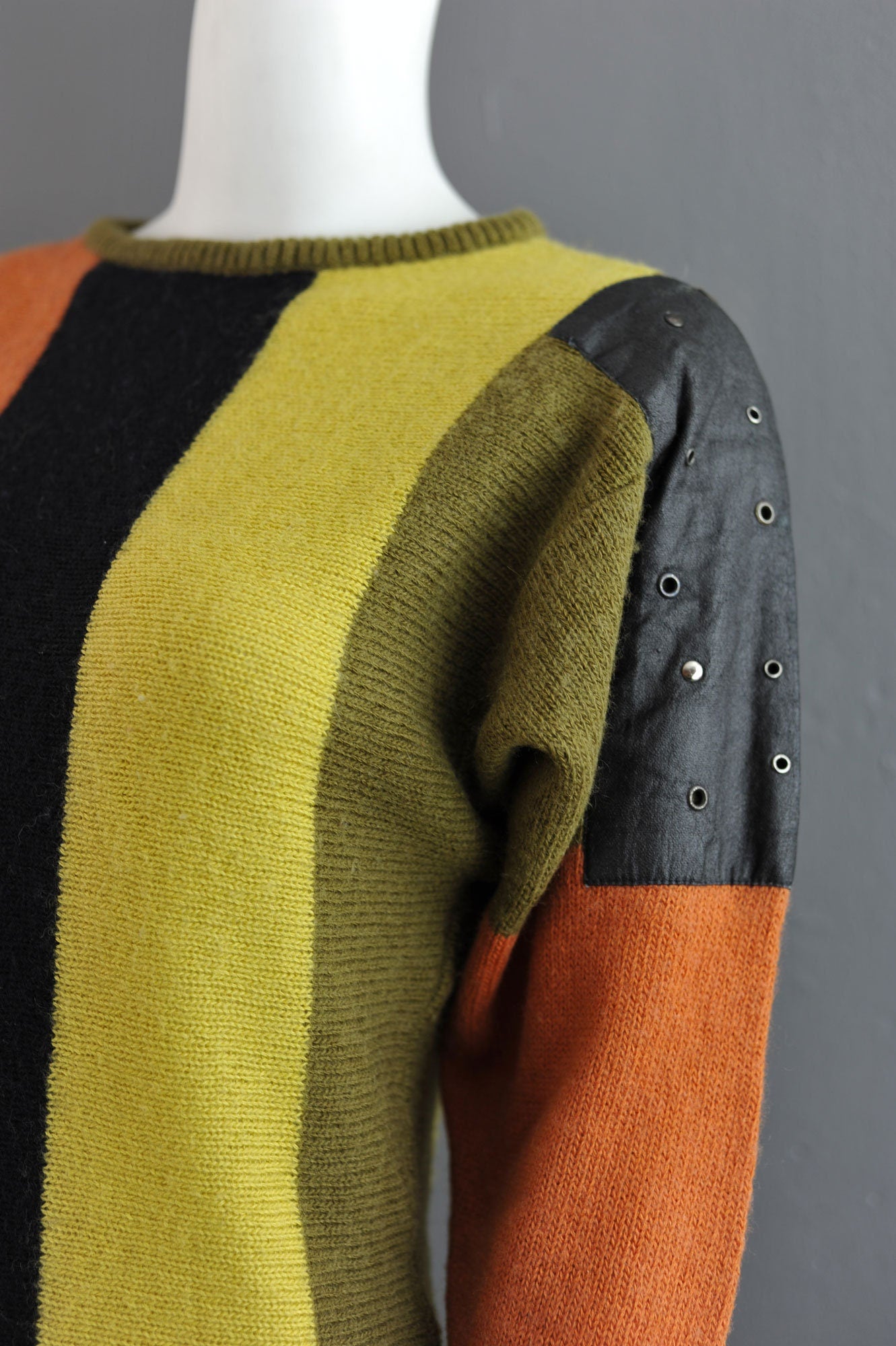 Bold Vertical Stripe Long Jumper, 90s Avant Garde Leatherette Sweater Dress, Size Small