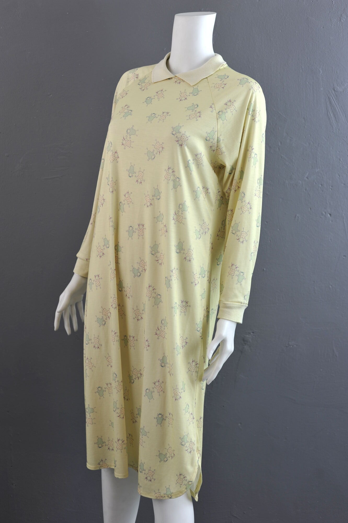 80s St Michael Nightshirt: Pale Lemon Stick Figure Pajama Dress (Size S/M)