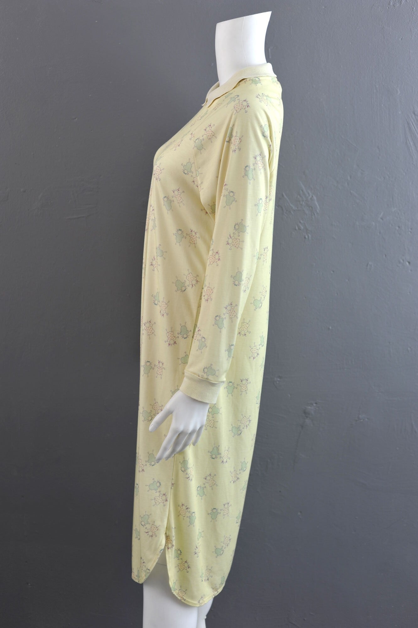 80s St Michael Nightshirt: Pale Lemon Stick Figure Pajama Dress (Size S/M)