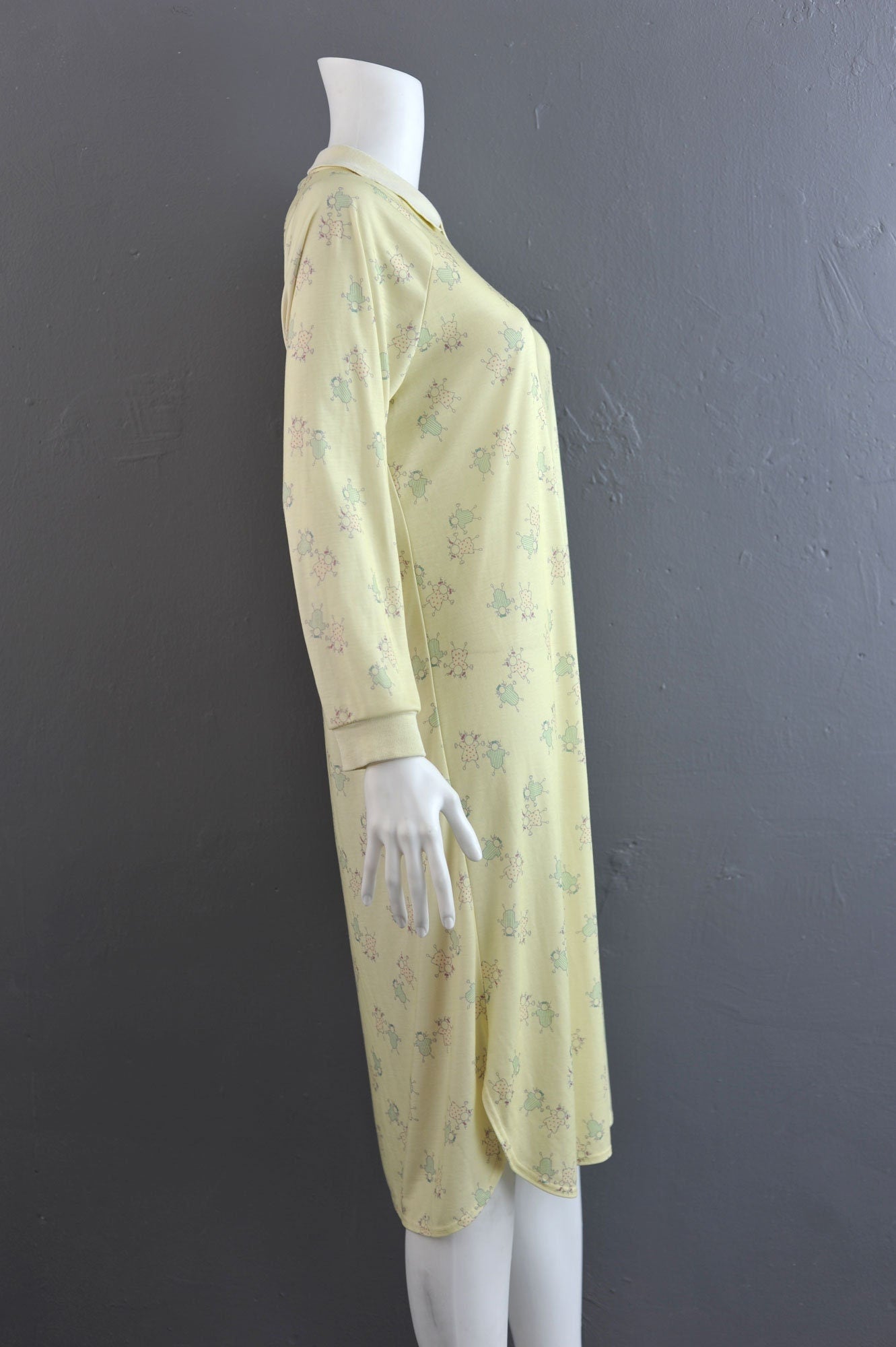 80s St Michael Nightshirt: Pale Lemon Stick Figure Pajama Dress (Size S/M)