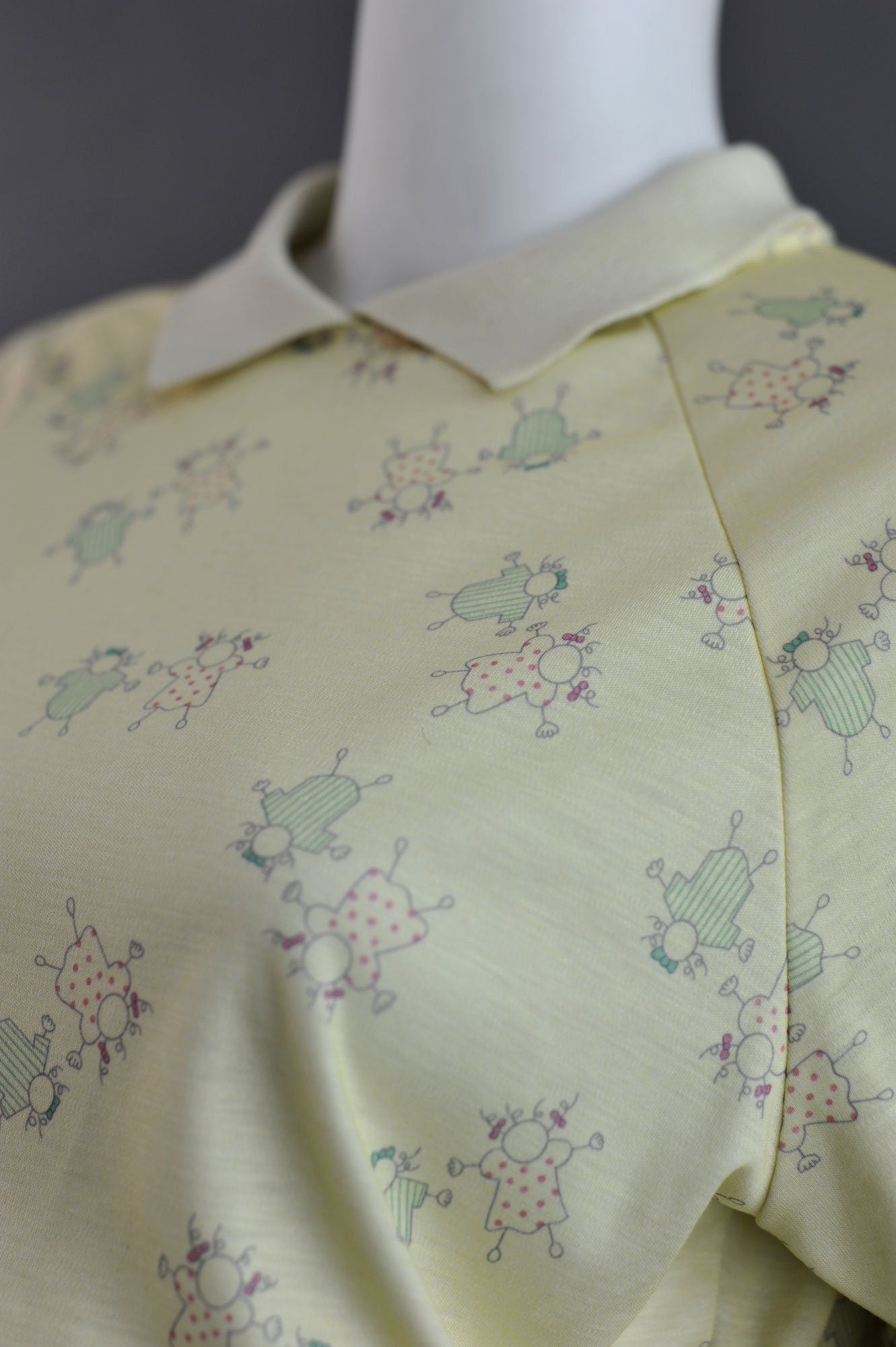 80s St Michael Nightshirt: Pale Lemon Stick Figure Pajama Dress (Size S/M)