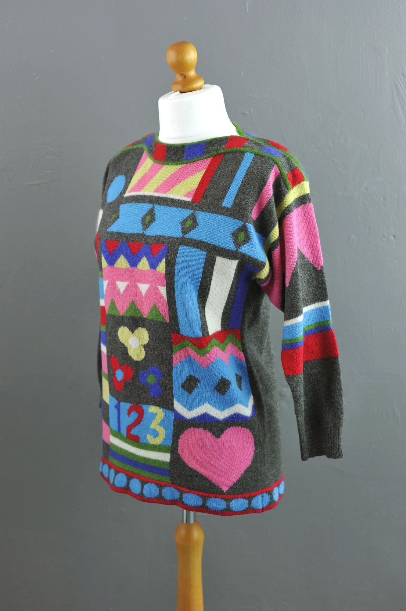 80s Geometric Novelty Sweater by Joye Fun, Colourful Abstract Shapes, Size Small