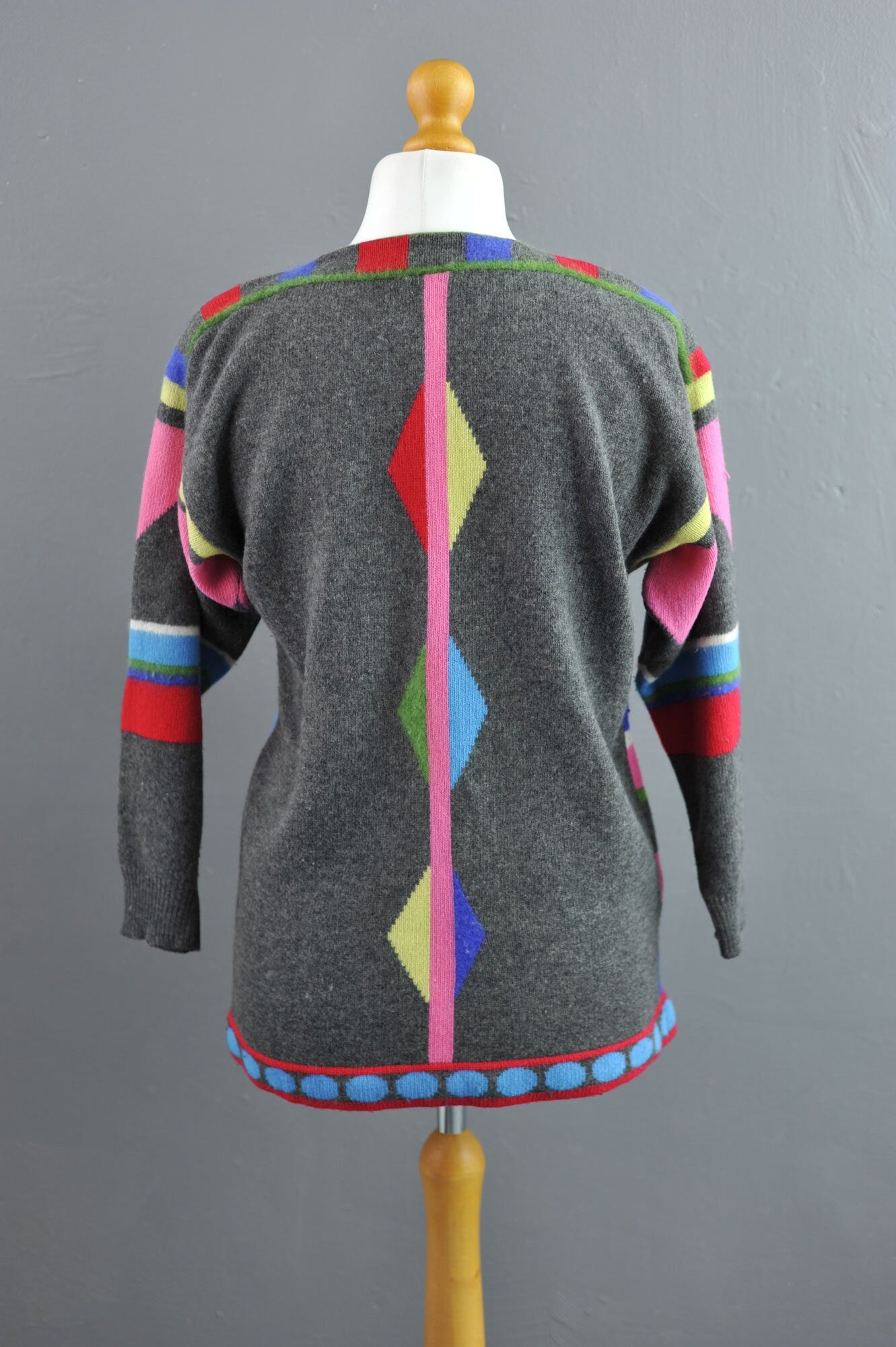 80s Geometric Novelty Sweater by Joye Fun, Colourful Abstract Shapes, Size Small