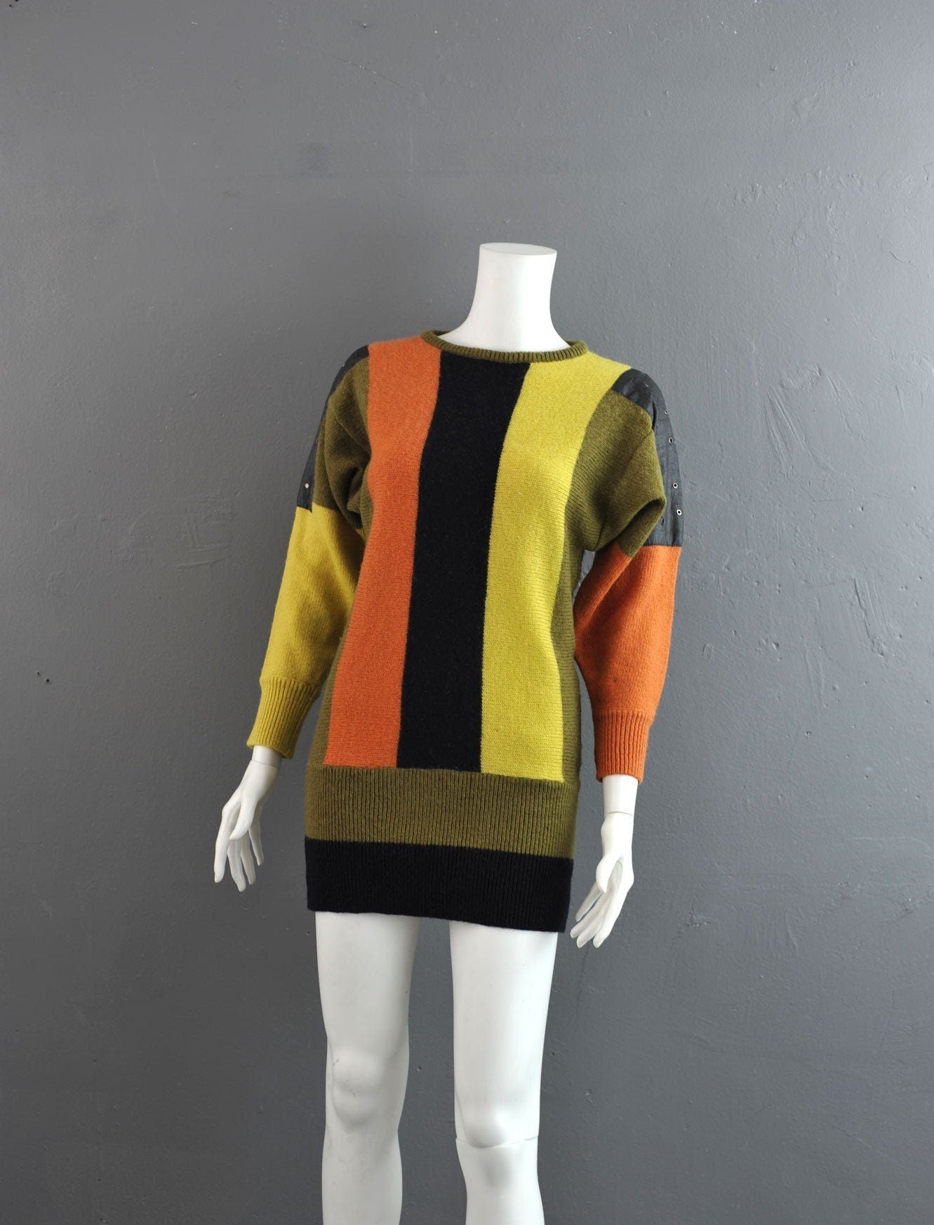 Bold Vertical Stripe Long Jumper, 90s Avant Garde Leatherette Sweater Dress, Size Small