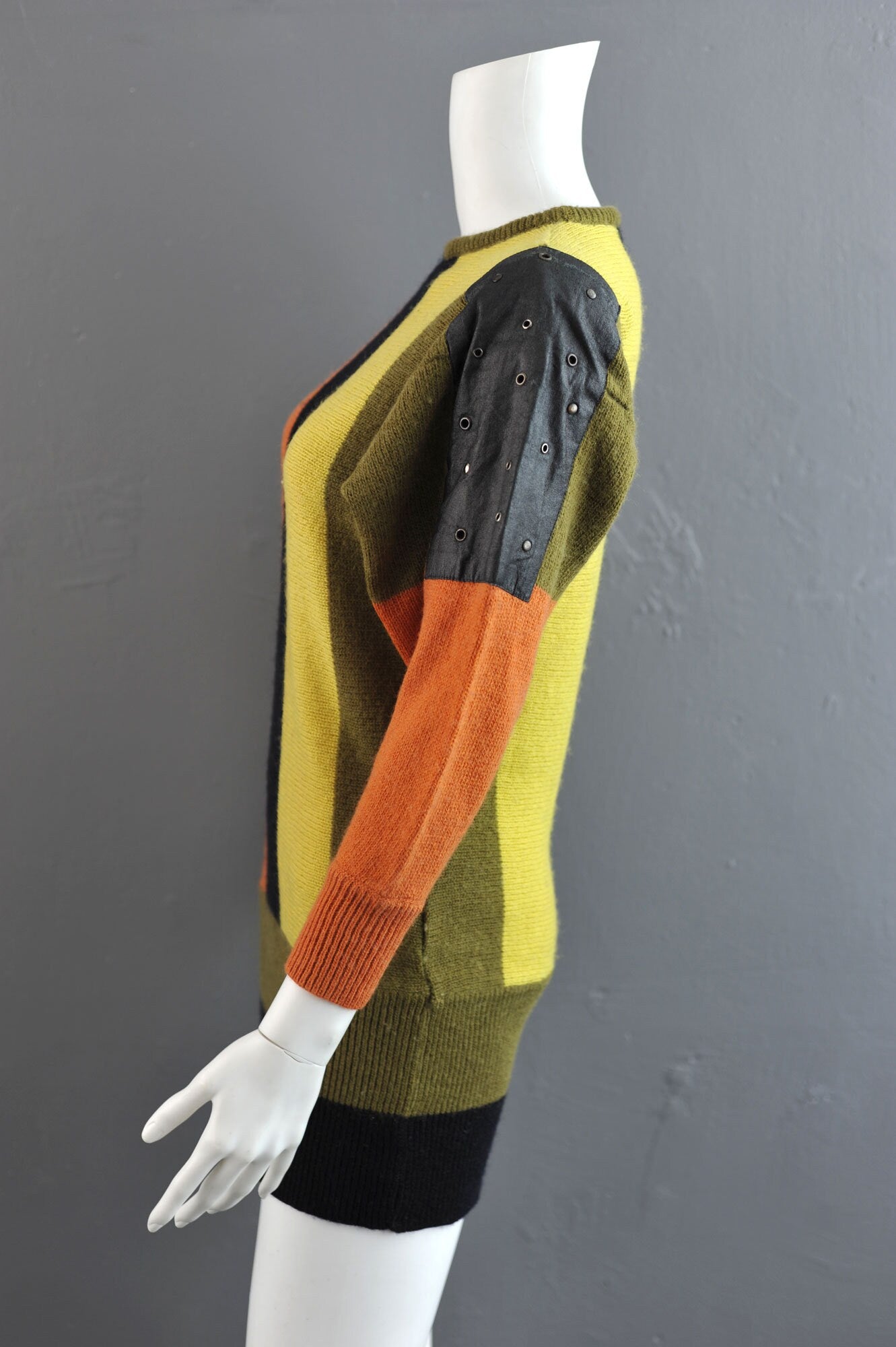 Bold Vertical Stripe Long Jumper, 90s Avant Garde Leatherette Sweater Dress, Size Small
