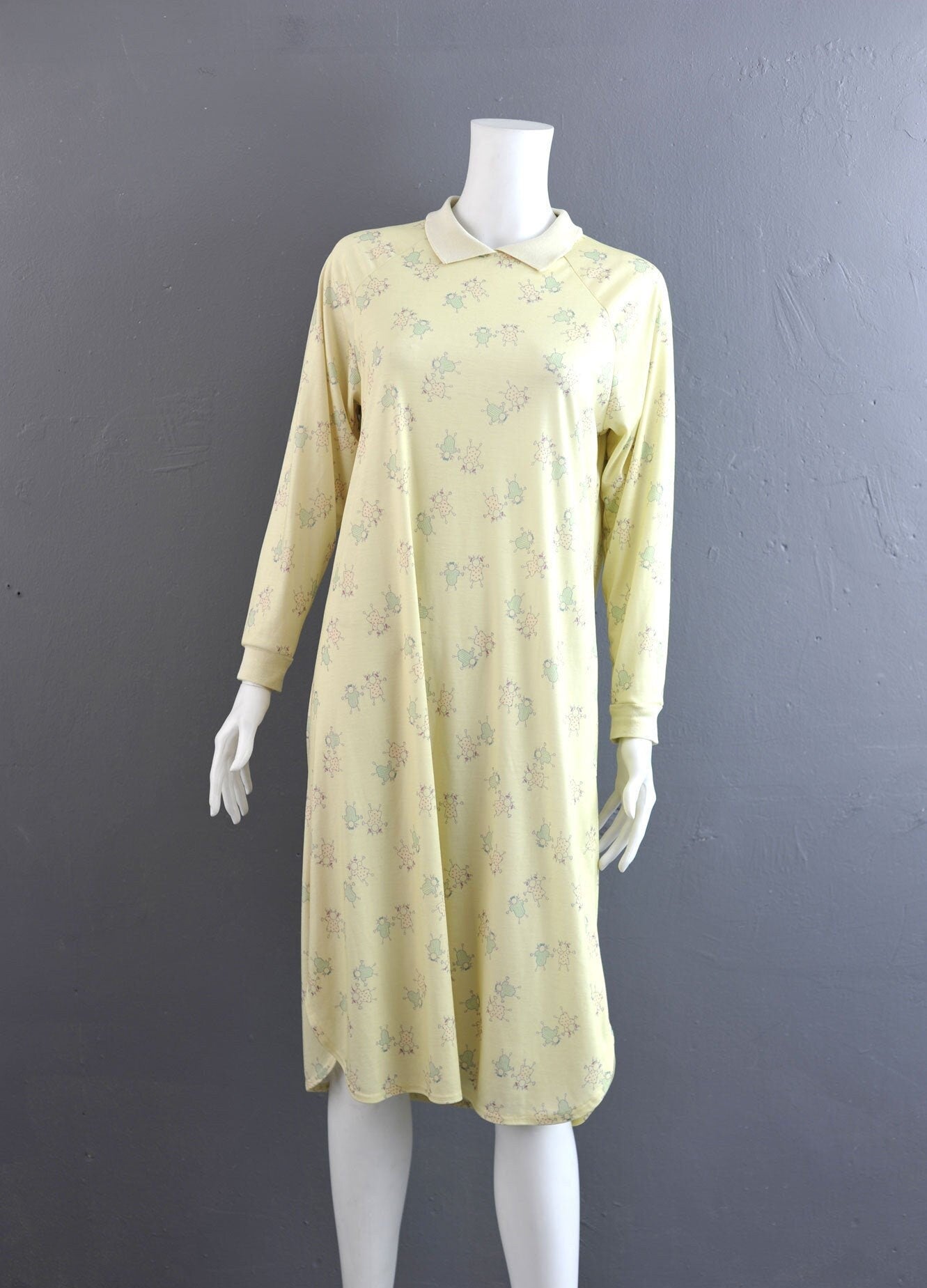 80s St Michael Nightshirt: Pale Lemon Stick Figure Pajama Dress (Size S/M)