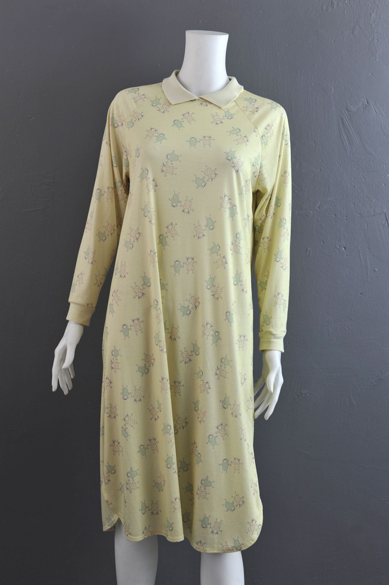 80s St Michael Nightshirt: Pale Lemon Stick Figure Pajama Dress (Size S/M)
