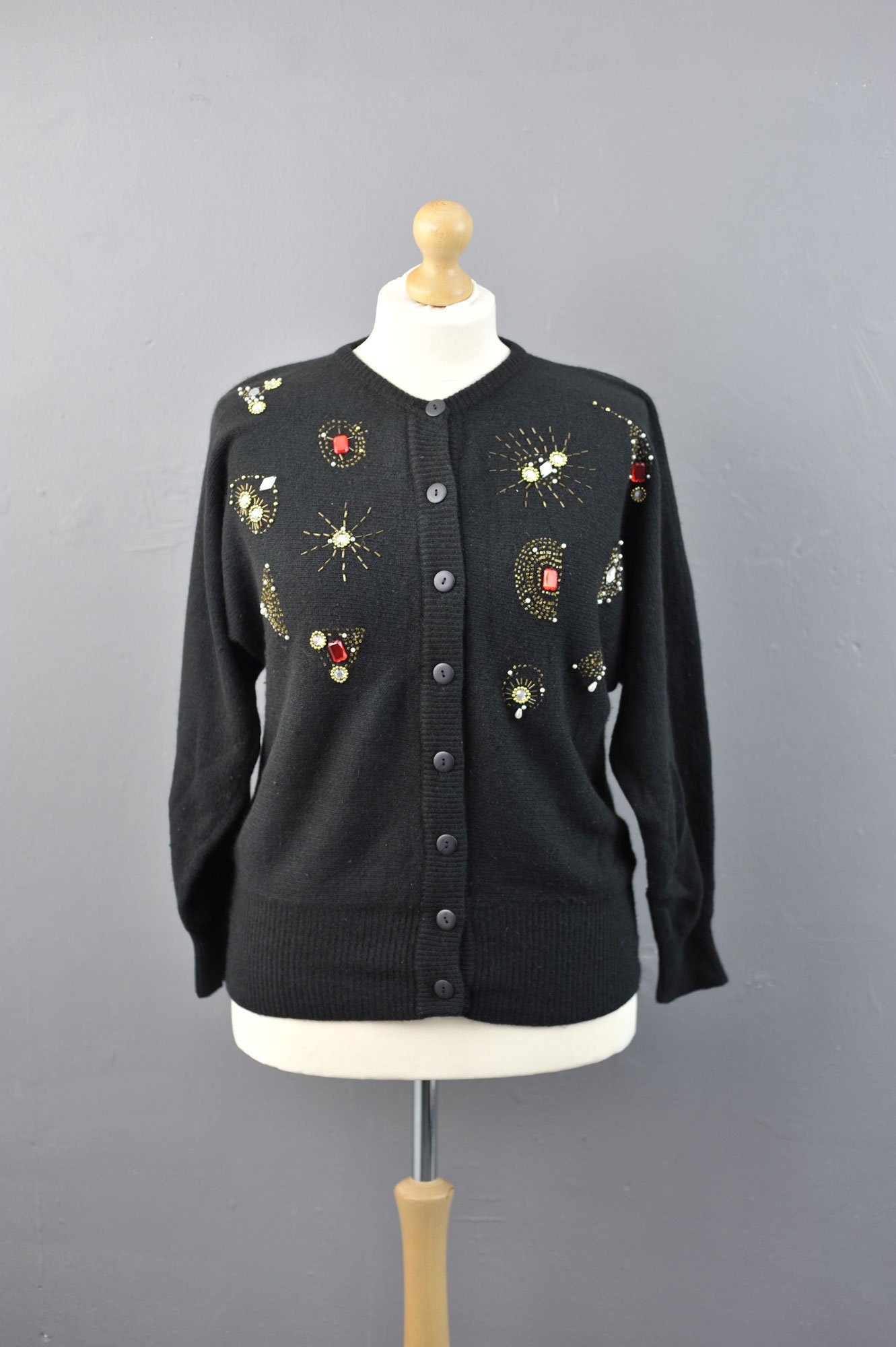 80s Beaded Angora Wool Cardigan, Vintage Kitsch Party Knitwear, Size Medium Large