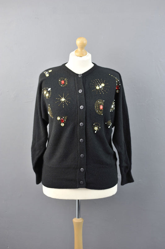 80s Beaded Angora Wool Cardigan, Vintage Kitsch Party Knitwear, Size Medium Large