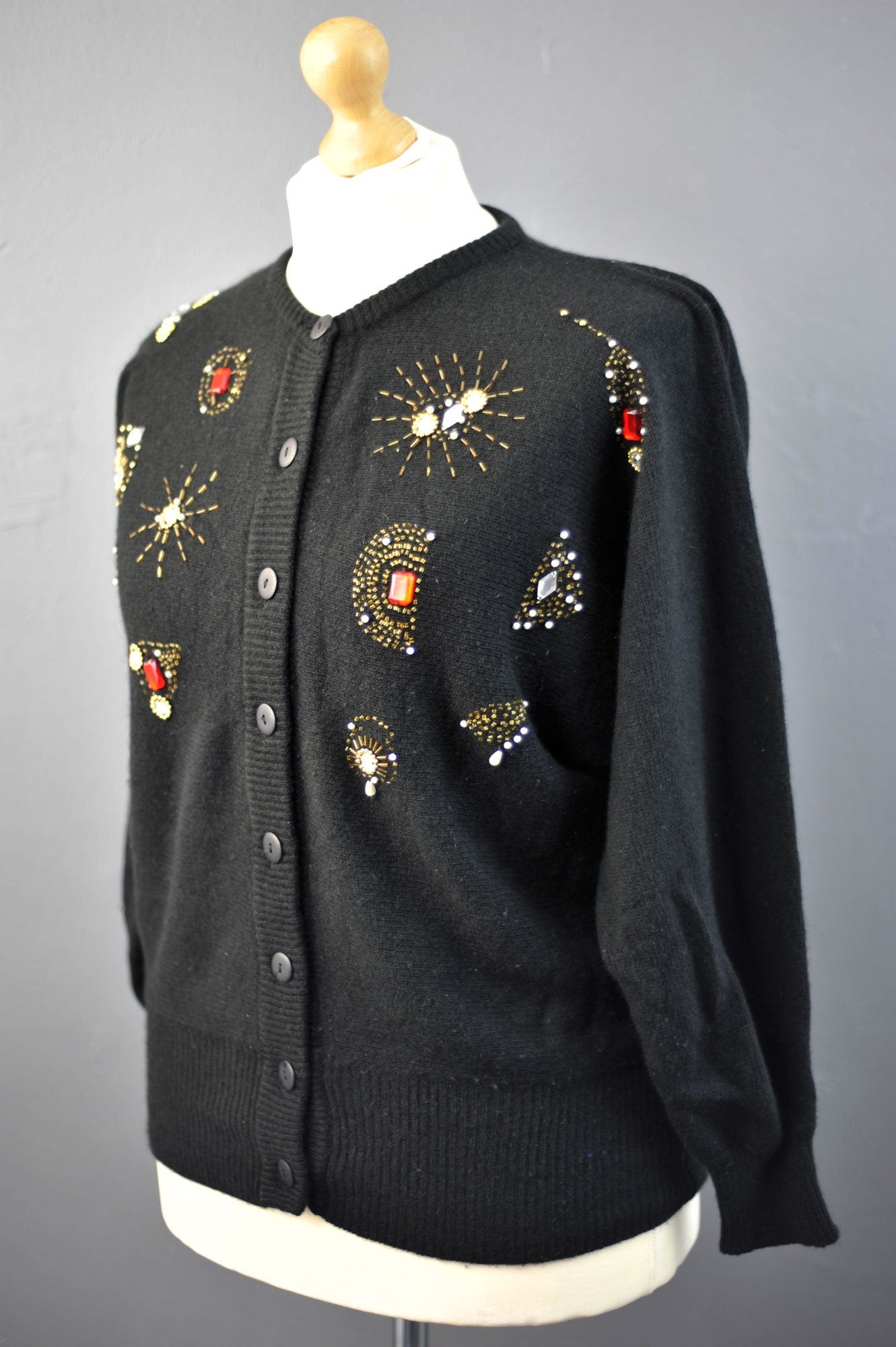 80s Beaded Angora Wool Cardigan, Vintage Kitsch Party Knitwear, Size Medium Large