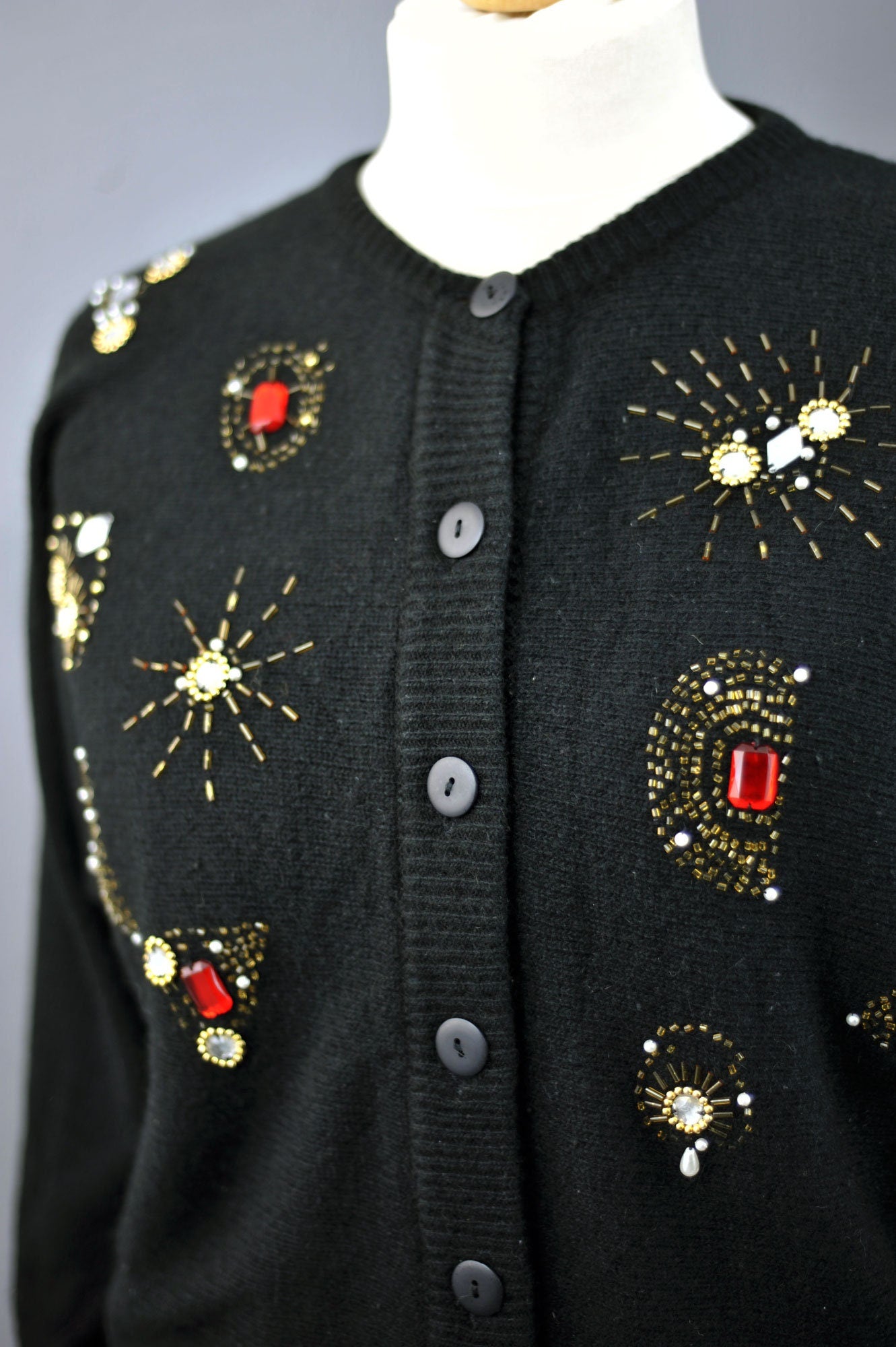 80s Beaded Angora Wool Cardigan, Vintage Kitsch Party Knitwear, Size Medium Large