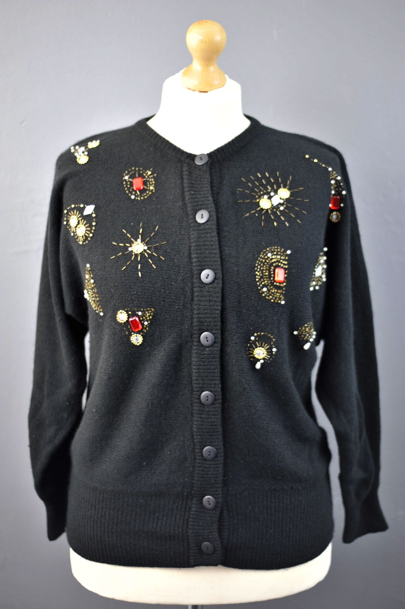 80s Beaded Angora Wool Cardigan, Vintage Kitsch Party Knitwear, Size Medium Large