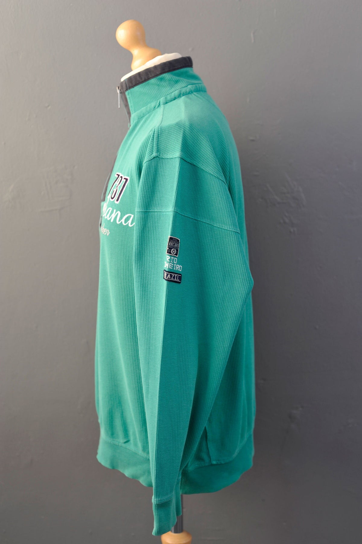 Y2K Ribbed Cotton Jumper with Zip Neck High Collar, Mint Green Engbers Capa Cabana, Size XXL