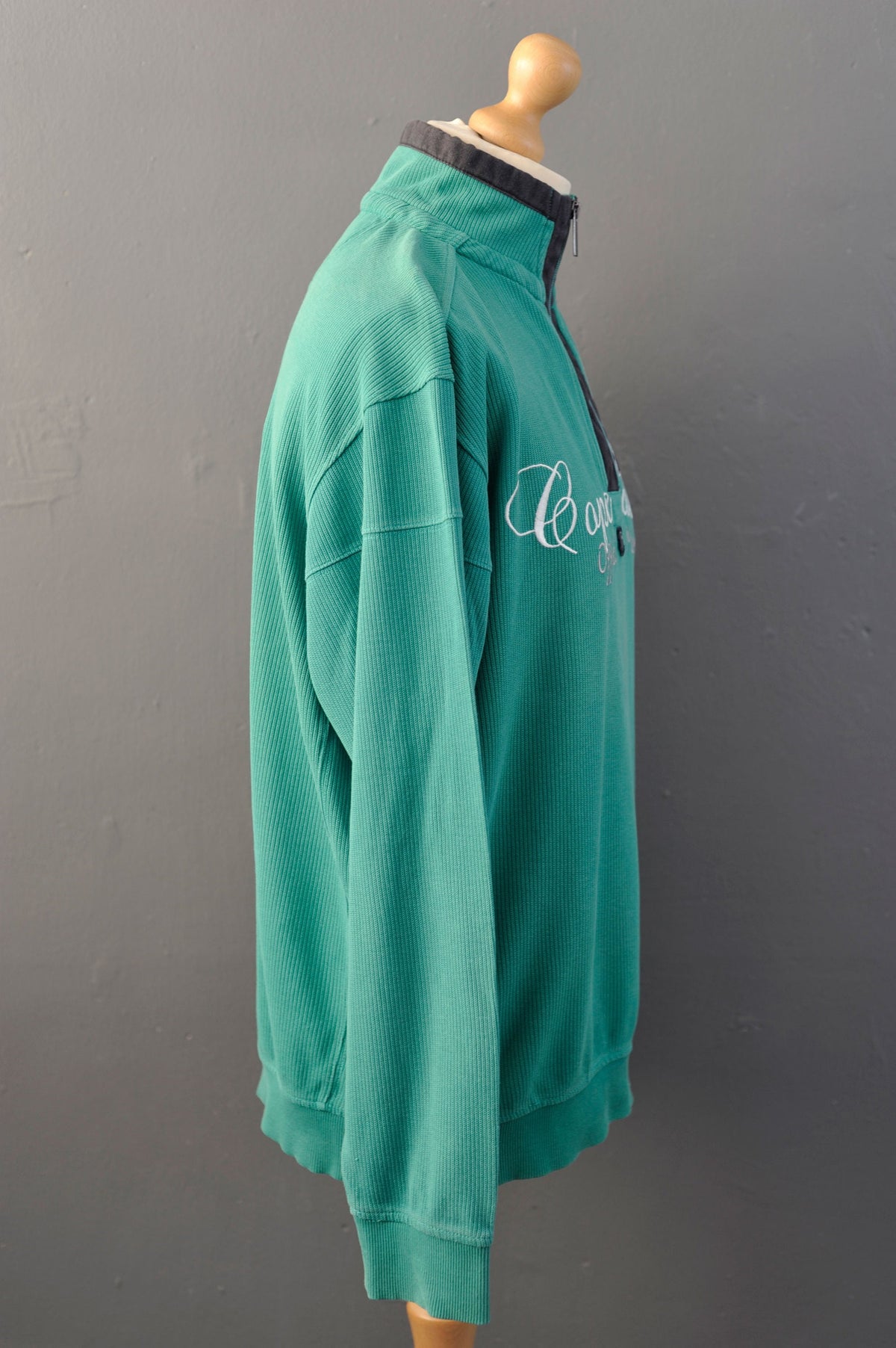 Y2K Ribbed Cotton Jumper with Zip Neck High Collar, Mint Green Engbers Capa Cabana, Size XXL