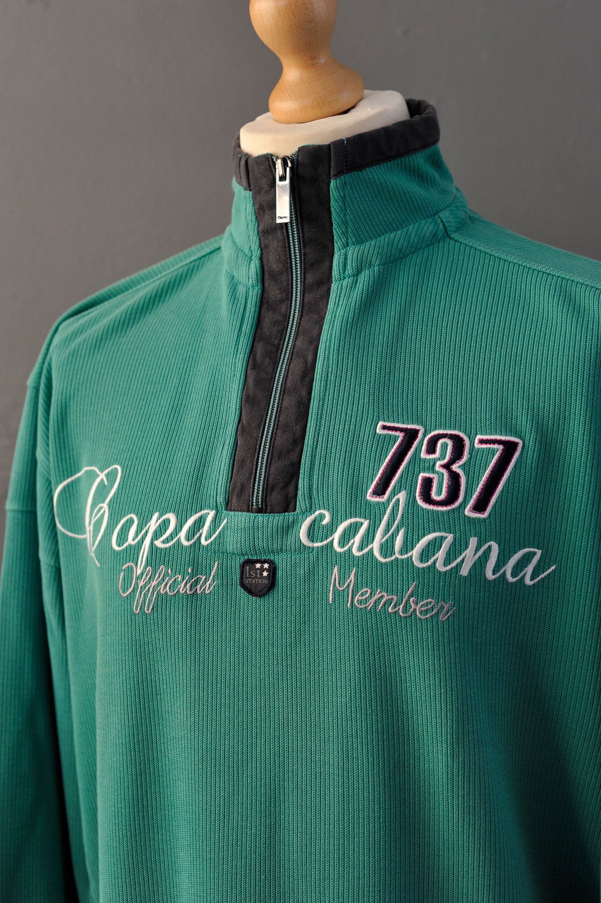 Y2K Ribbed Cotton Jumper with Zip Neck High Collar, Mint Green Engbers Capa Cabana, Size XXL