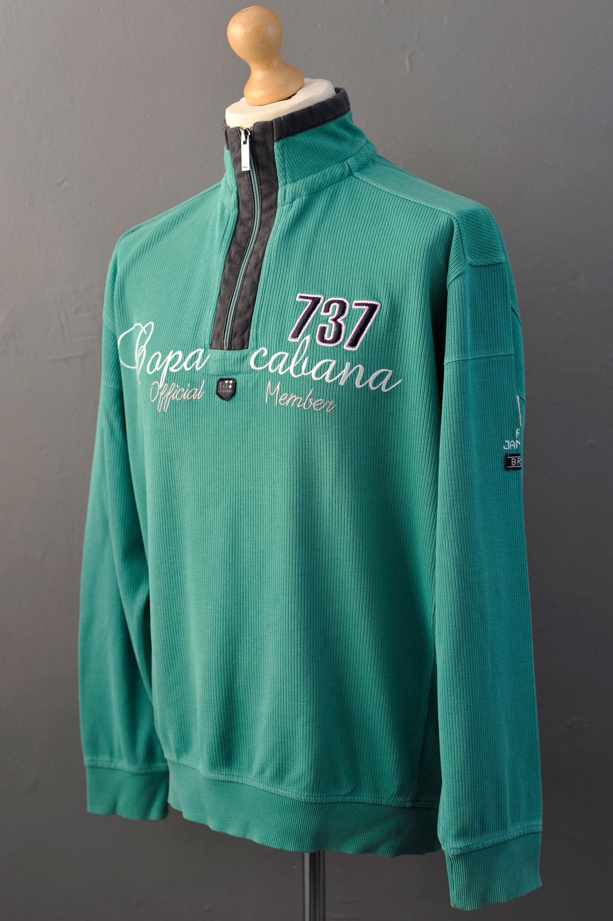 Y2K Ribbed Cotton Jumper with Zip Neck High Collar, Mint Green Engbers Capa Cabana, Size XXL