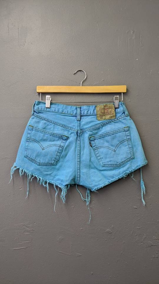 Aqua Blue Denim Shorts, Upcycled Cut Off Jeans, 30 waist