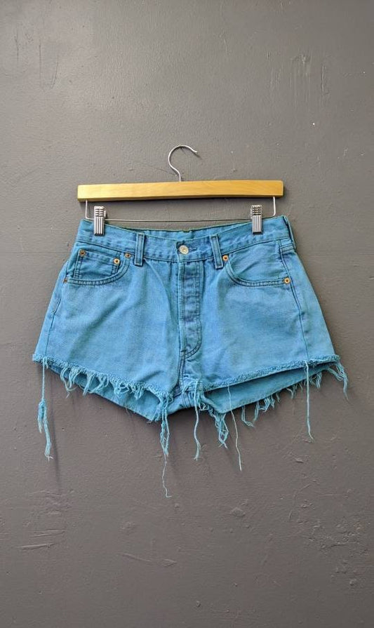 Aqua Blue Denim Shorts, Upcycled Cut Off Jeans, 30 waist