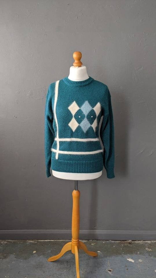Argyle Angora Sweater, 80s Sea Green Jumper, Preppy Mohair Pullover, Size Medium Large