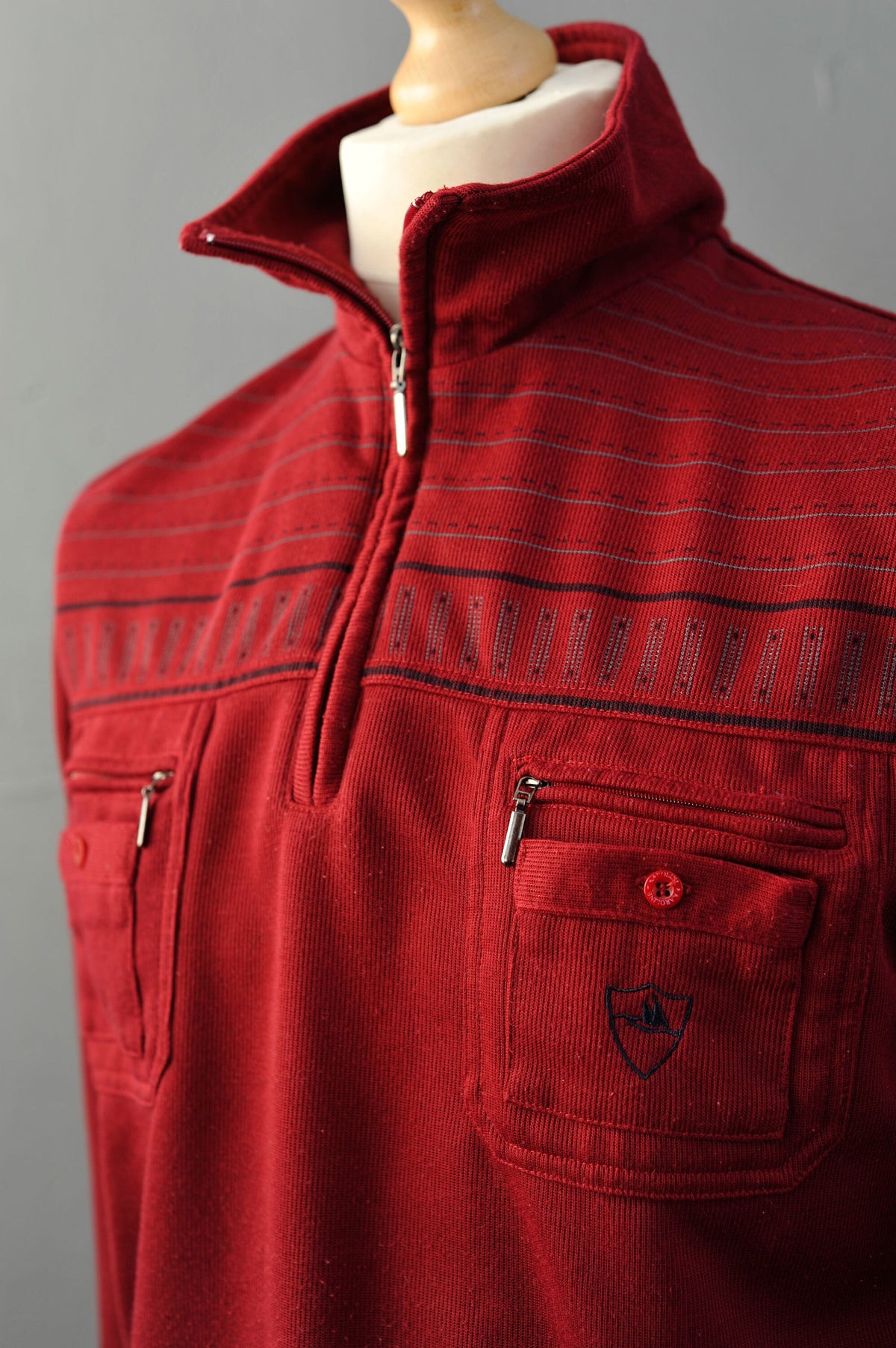 90s Burgundy Cotton Turtleneck Jumper with Zip Neck High Collar, Size M
