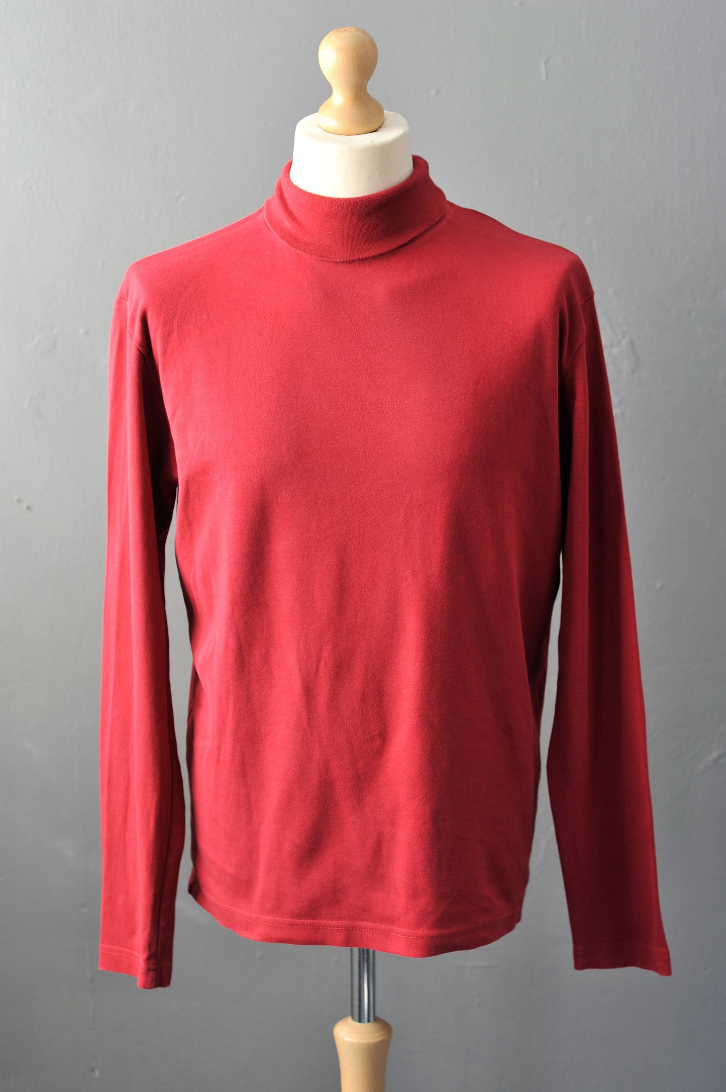 Vintage Red Polo Neck, 90s Mock Neck Cotton Top, Size Large