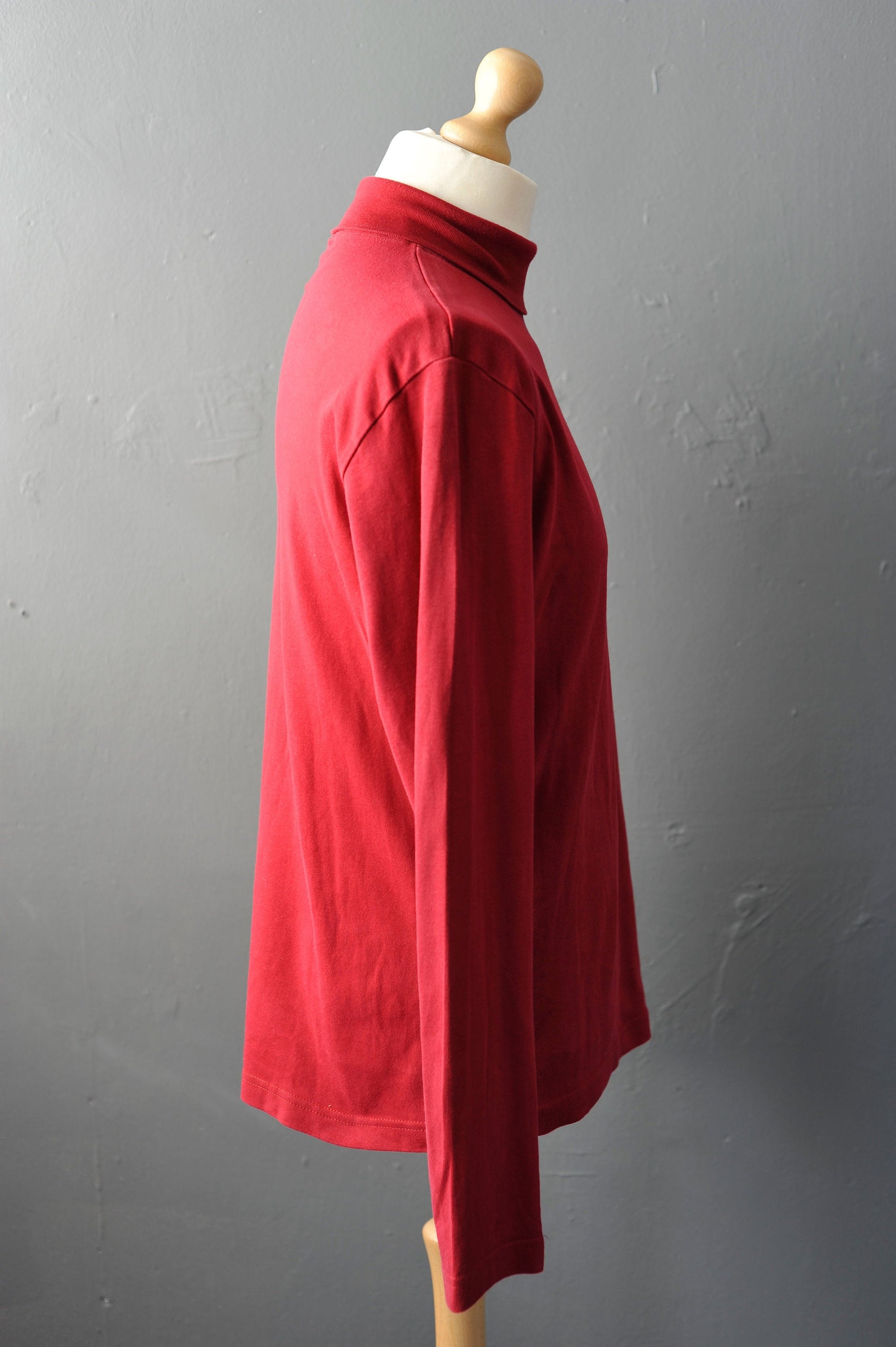 Vintage Red Polo Neck, 90s Mock Neck Cotton Top, Size Large