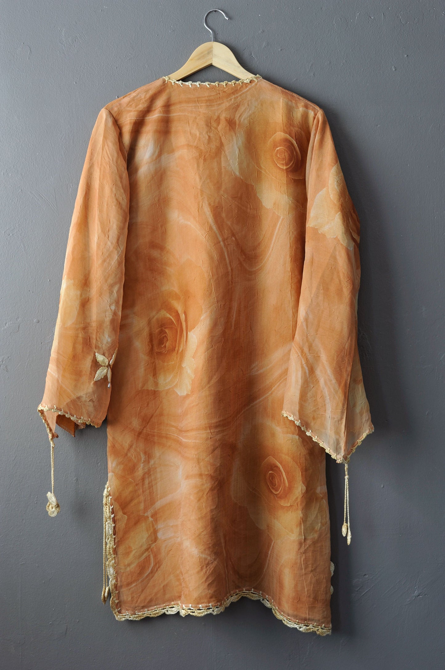 80s Chiffon Rose Caftan Dress, Long Beaded Tunic, Loose Holiday Coverup, Size Medium Large