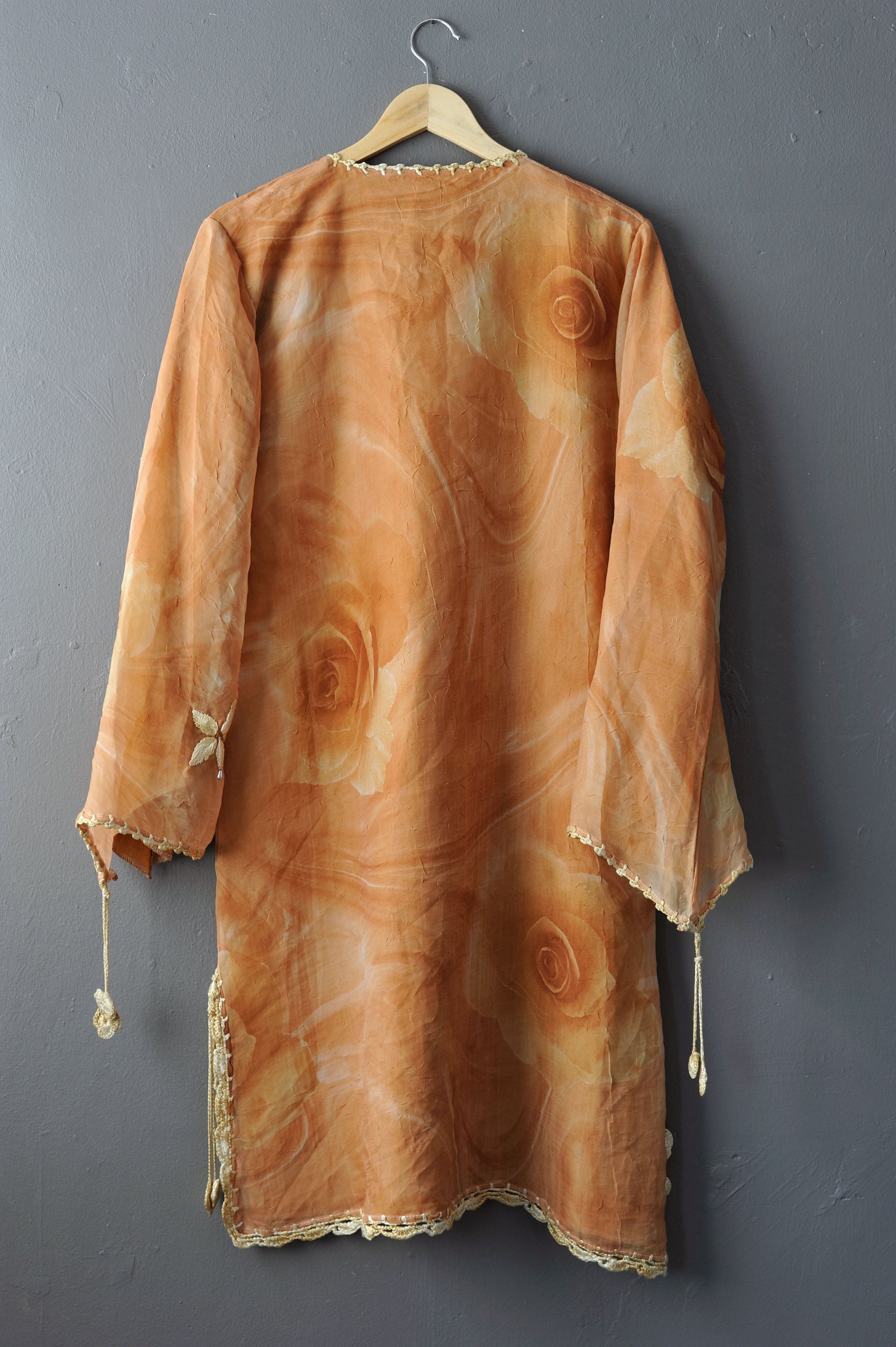 80s Chiffon Rose Caftan Dress, Long Beaded Tunic, Loose Holiday Coverup, Size Medium Large