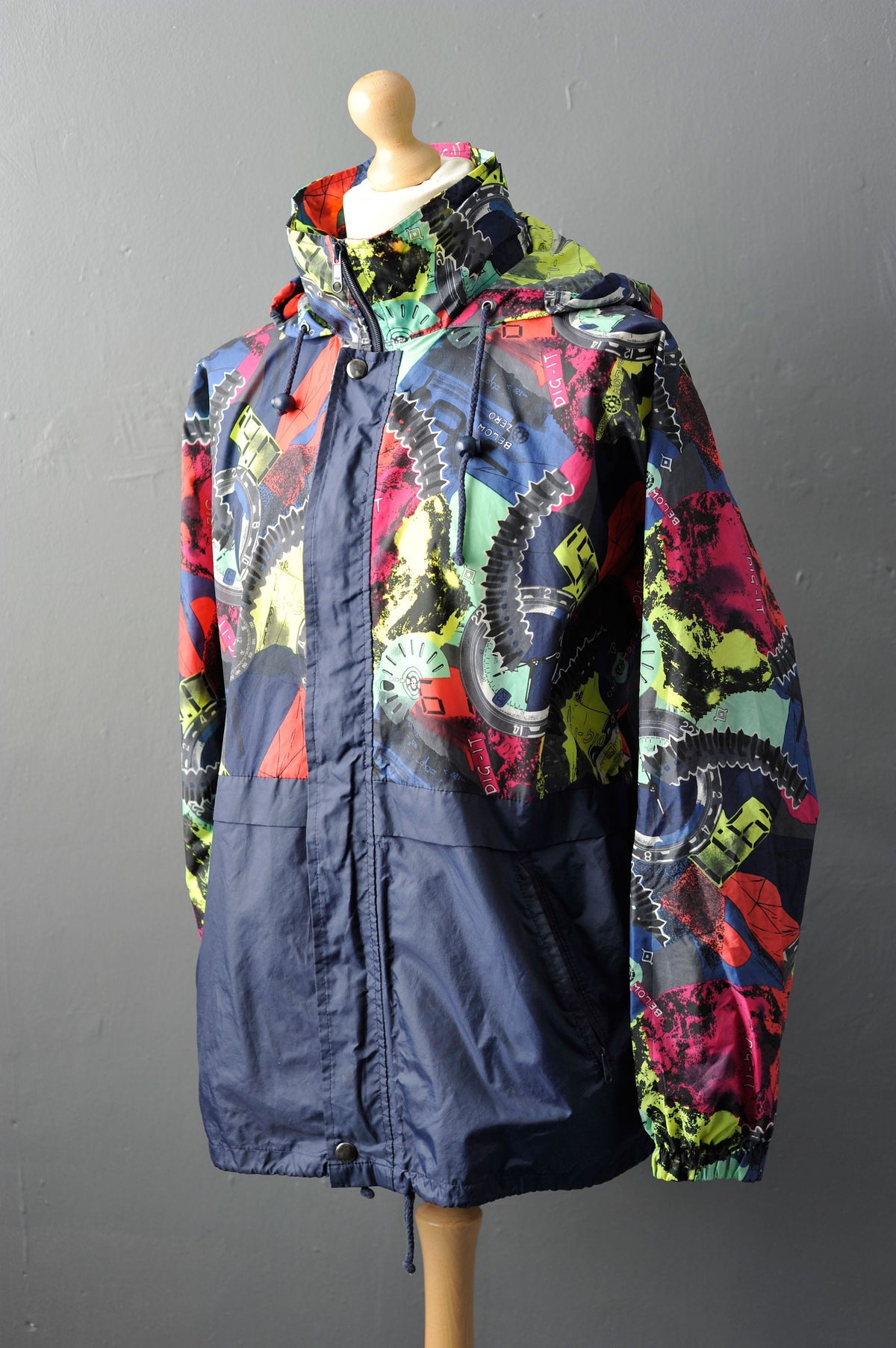 90s Waterproof Windbreaker, Lightweight Colourful Rain Coat with Hood, Size Large XL