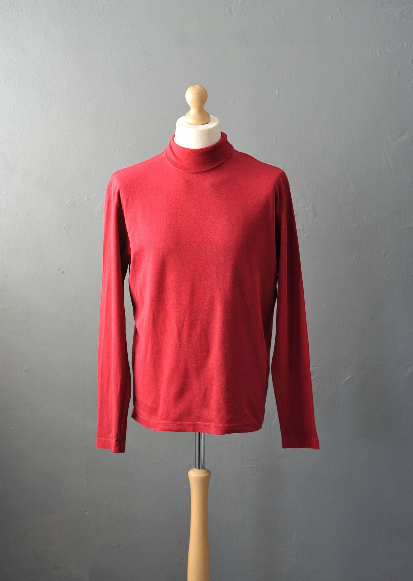 Vintage Red Polo Neck, 90s Mock Neck Cotton Top, Size Large