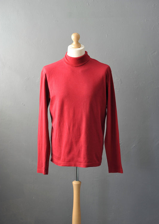 Vintage Red Polo Neck, 90s Mock Neck Cotton Top, Size Large