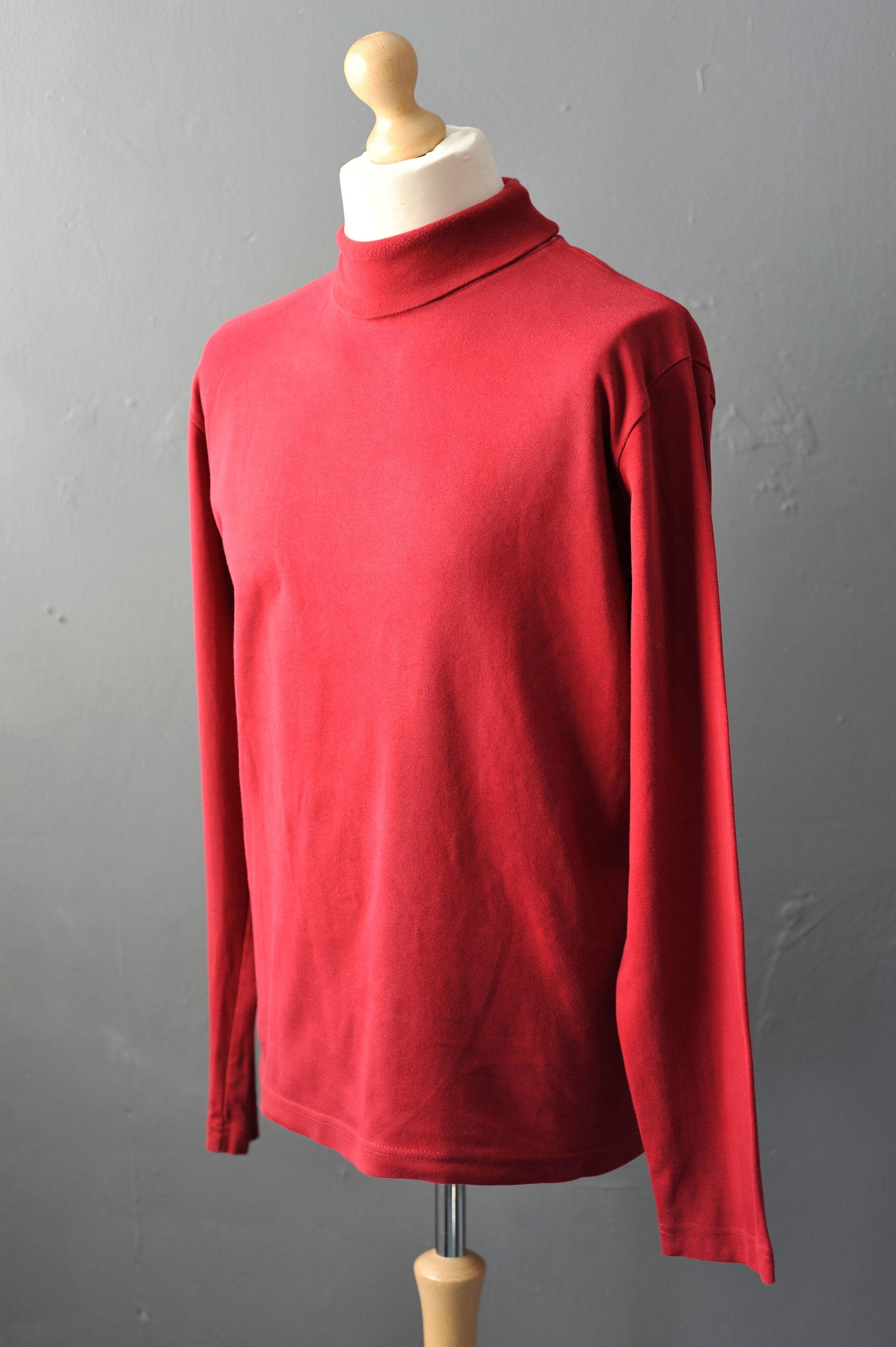 Vintage Red Polo Neck, 90s Mock Neck Cotton Top, Size Large