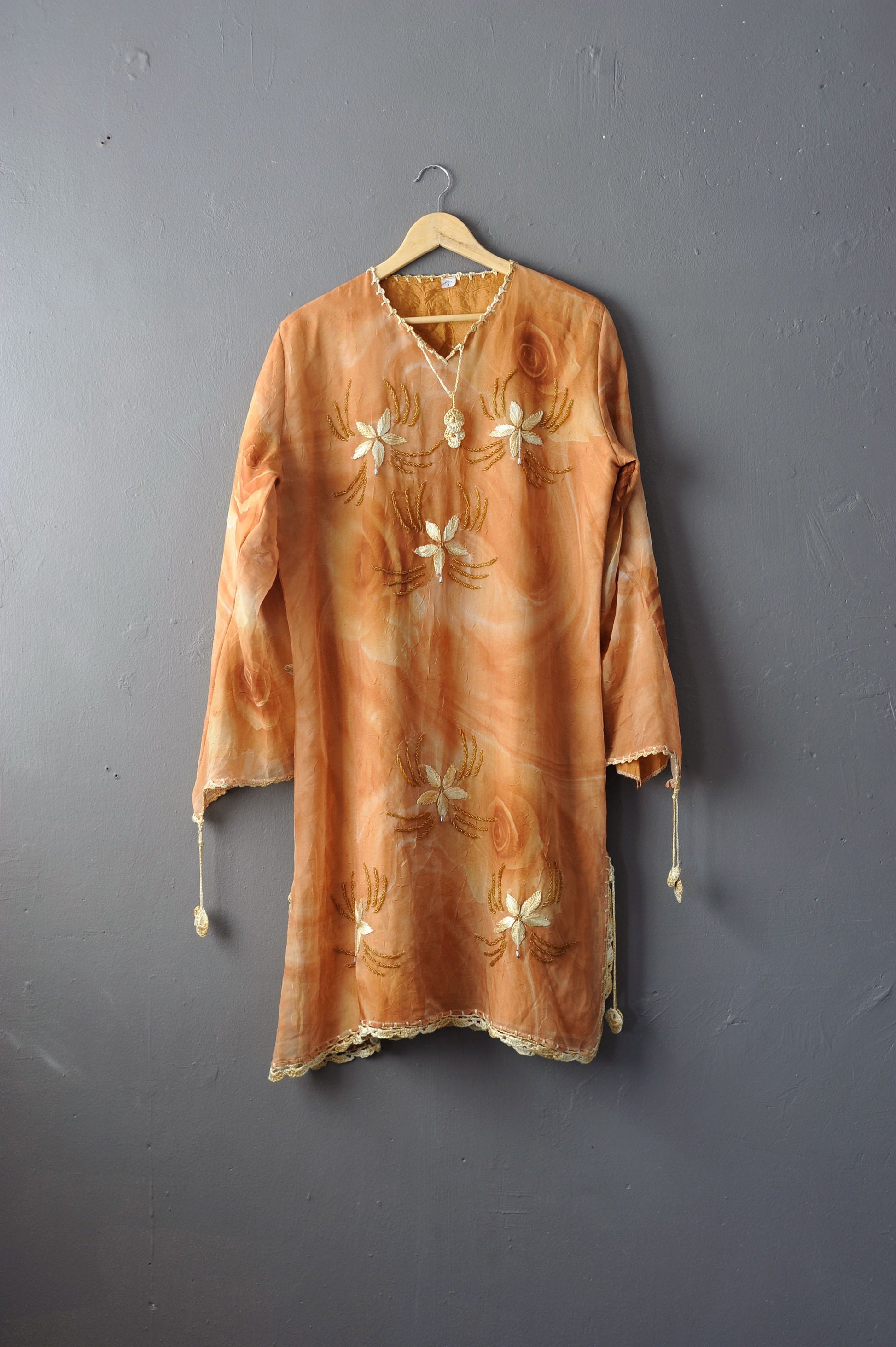 80s Chiffon Rose Caftan Dress, Long Beaded Tunic, Loose Holiday Coverup, Size Medium Large