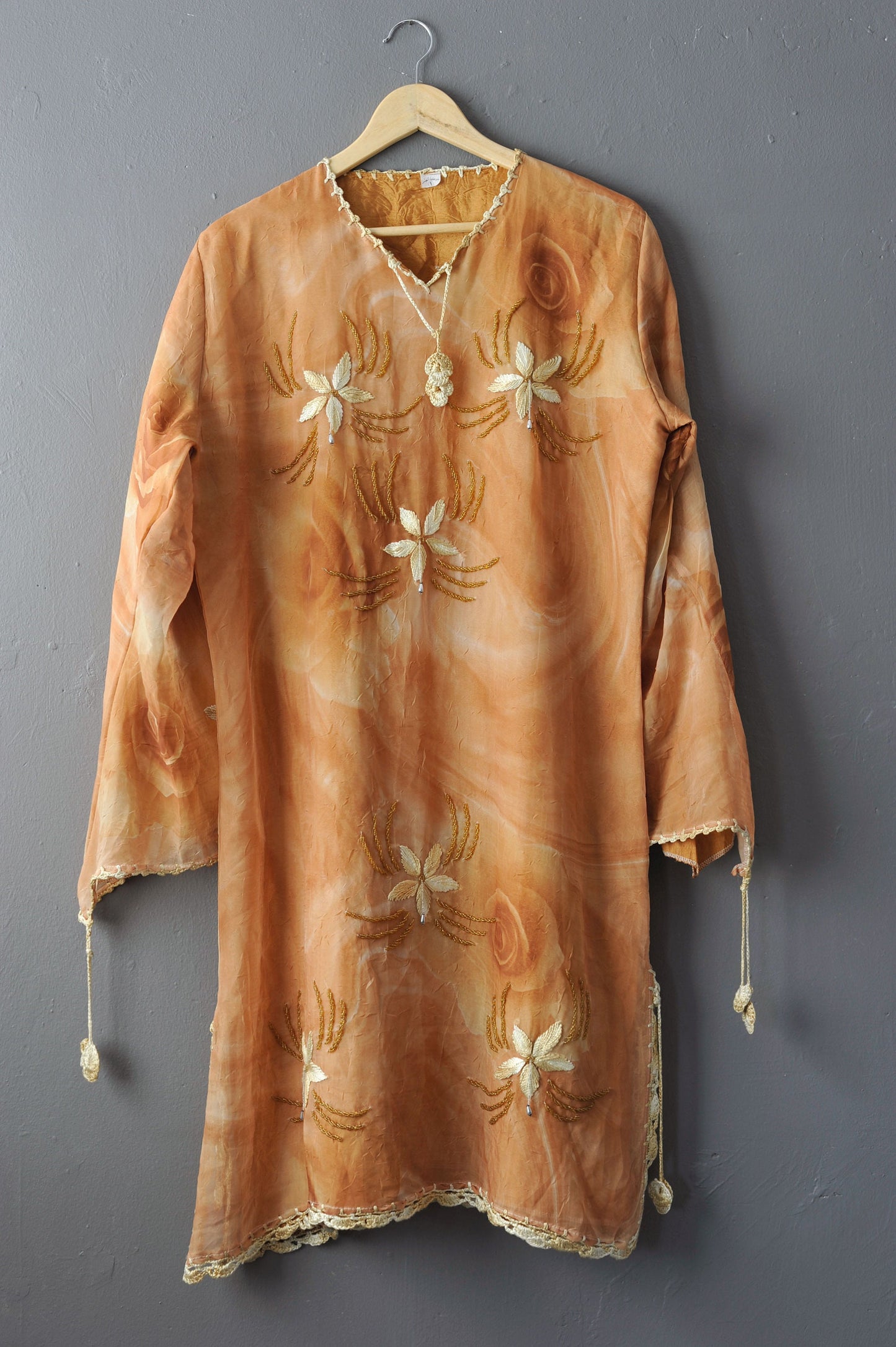 80s Chiffon Rose Caftan Dress, Long Beaded Tunic, Loose Holiday Coverup, Size Medium Large