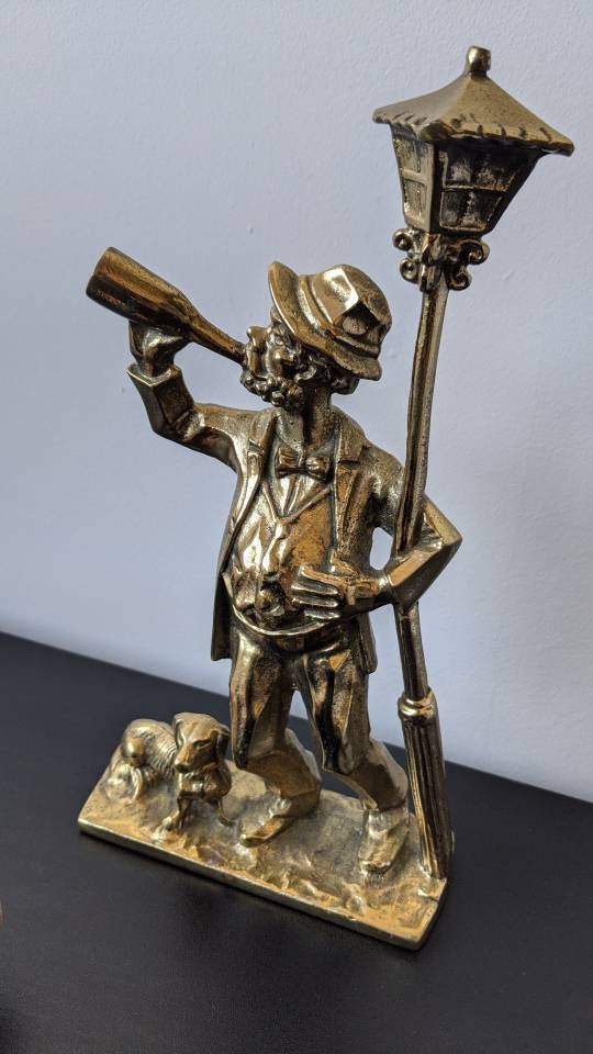 Solid Brass Statuette of Drunk Man Leaning on a Lamppost