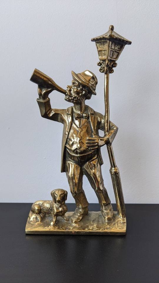 Solid Brass Statuette of Drunk Man Leaning on a Lamppost