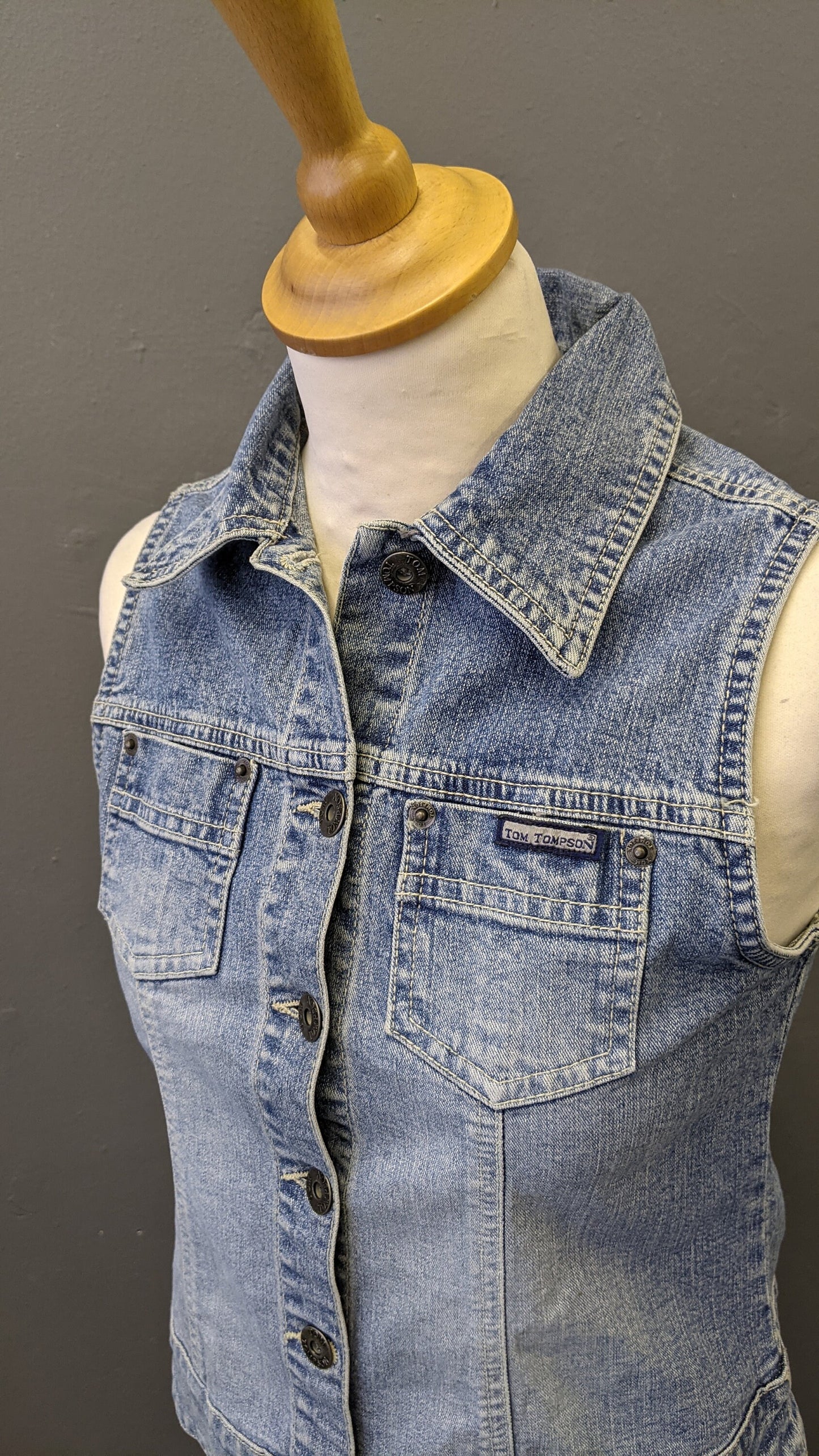 90s Light Blue Denim Vest, Tom Tompson Sleeveless Jean Jacket, Size Small